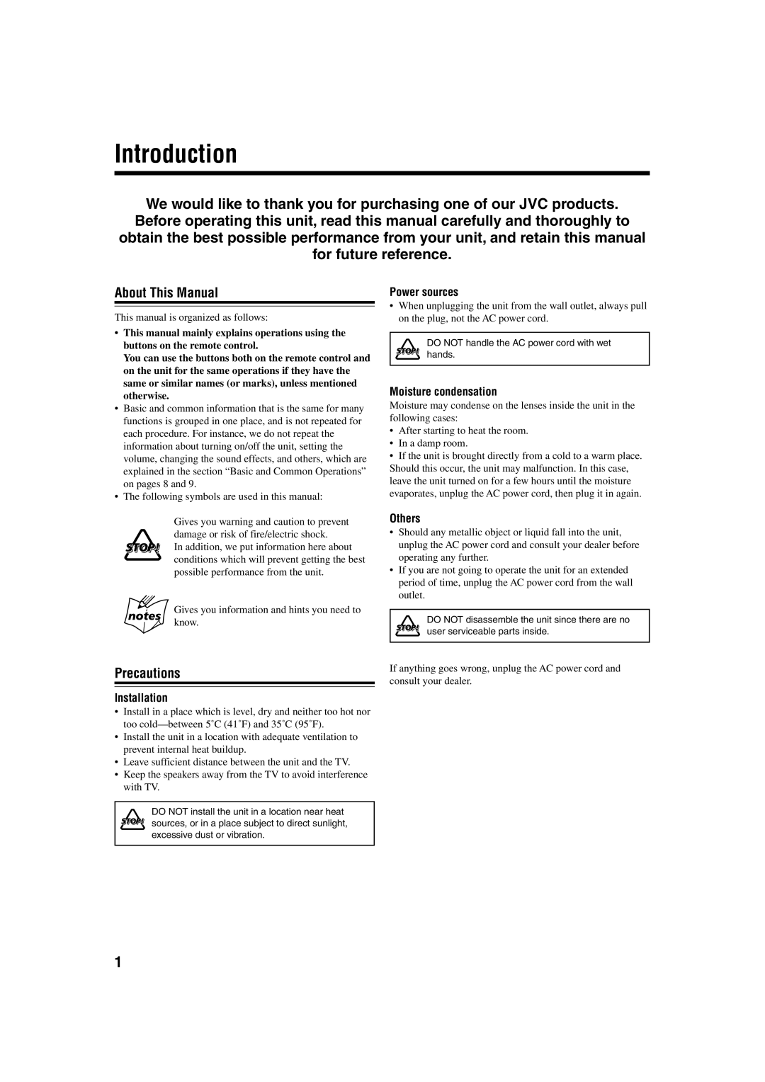 JVC FS-H10 manual Introduction, About This Manual, Precautions 