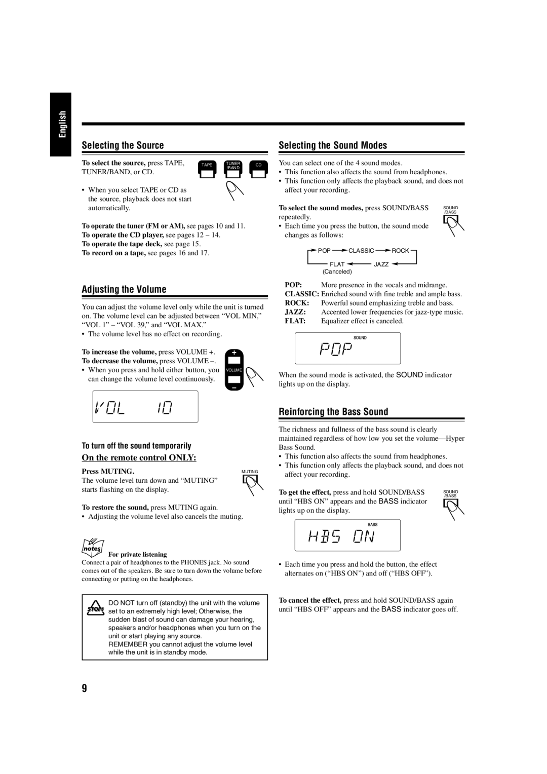 JVC FS-H10 manual Selecting the Source 