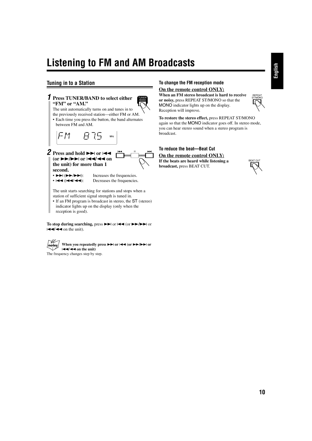 JVC FS-H10 manual Listening to FM and AM Broadcasts 