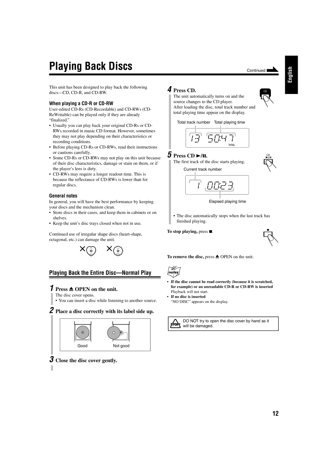 JVC FS-H10 manual Playing Back Discs 