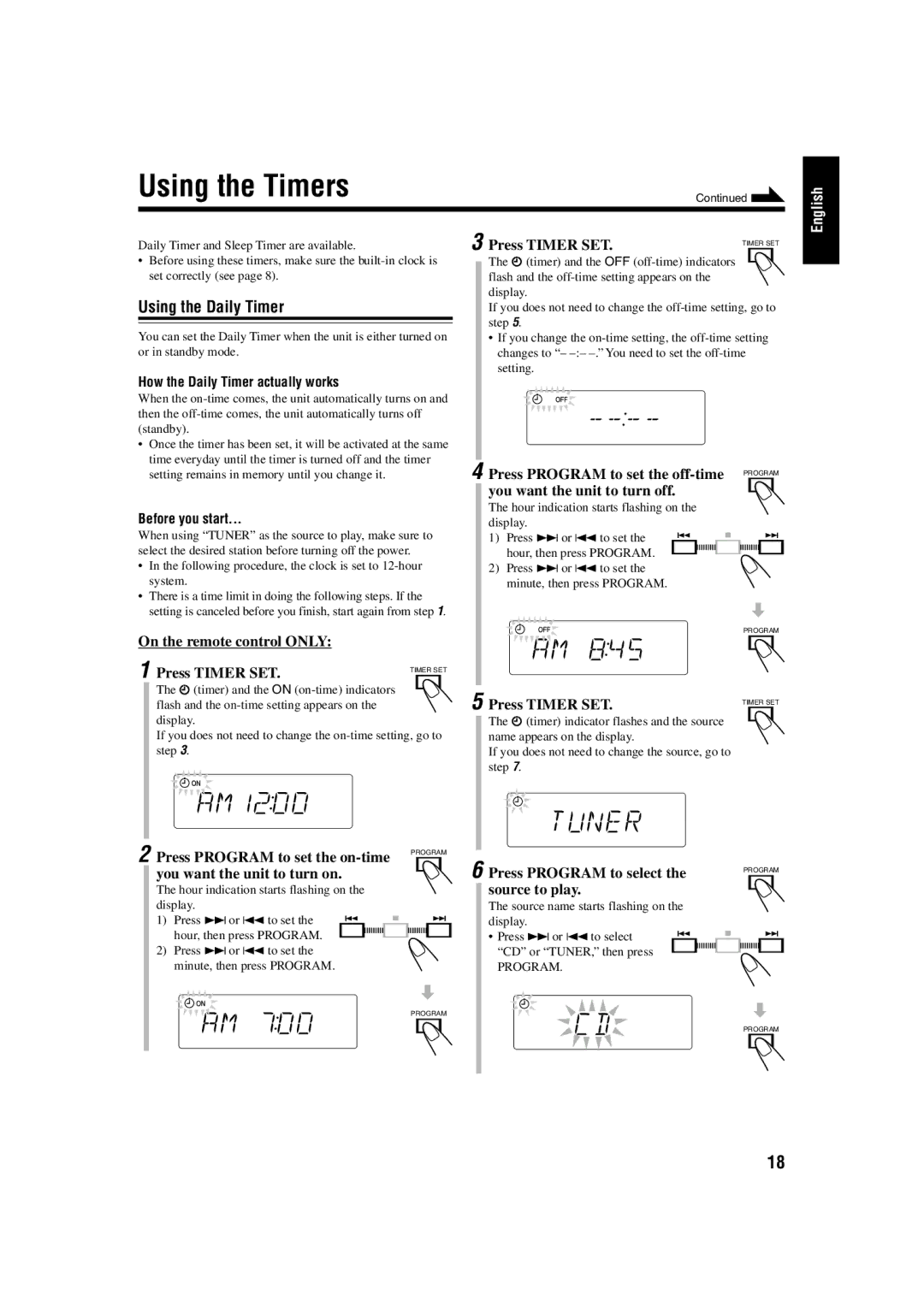 JVC FS-H10 manual Using the Timers 