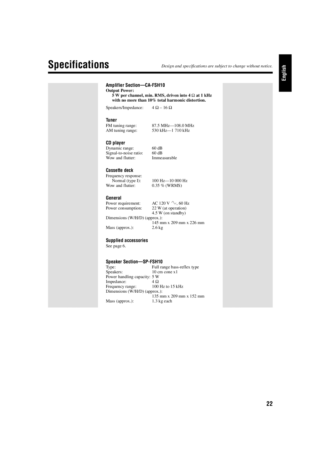 JVC FS-H10 manual Specifications 