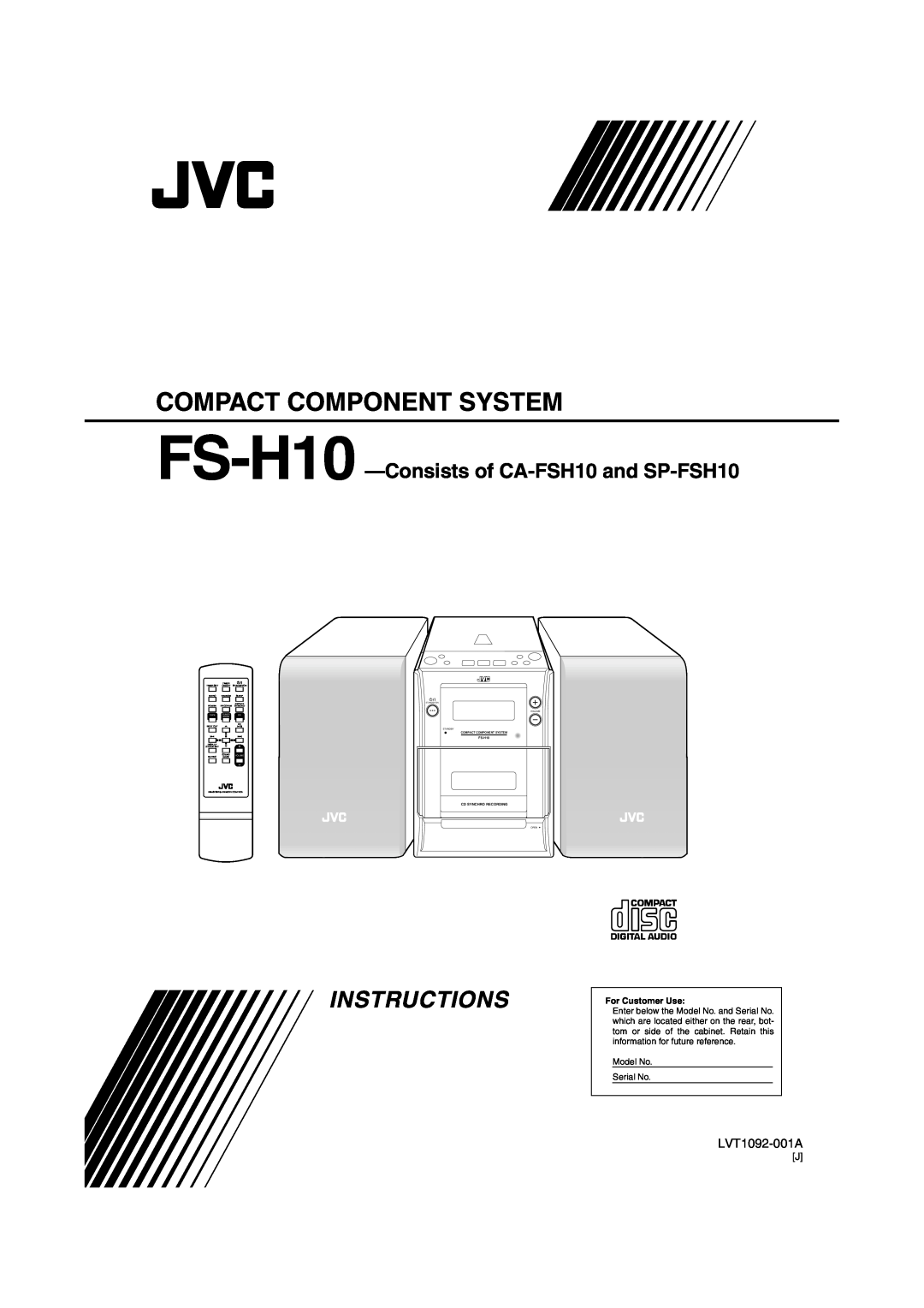 JVC manual Compact Component System, Instructions, FS-H10 -Consistsof CA-FSH10and SP-FSH10, LVT1092-001A, Open 