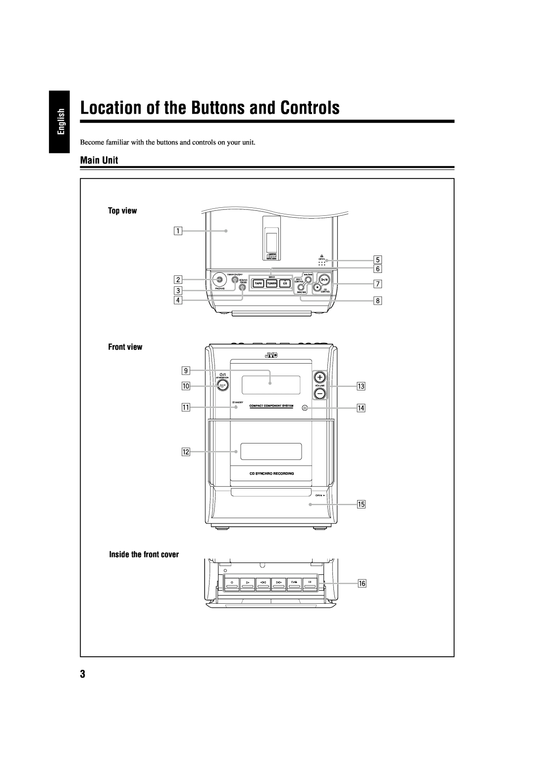 JVC FS-H10 manual Location of the Buttons and Controls, Main Unit, English, Tape Tuner, Compact Component System 