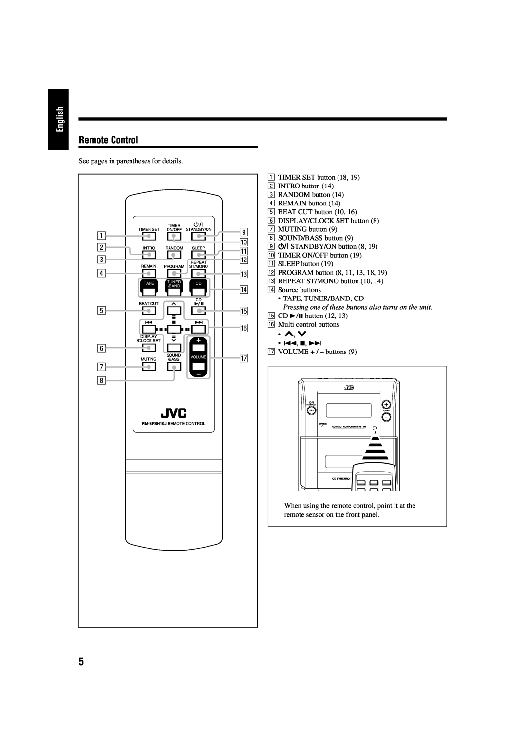 JVC FS-H10 manual Remote Control, English, 1 2 3 4 5 