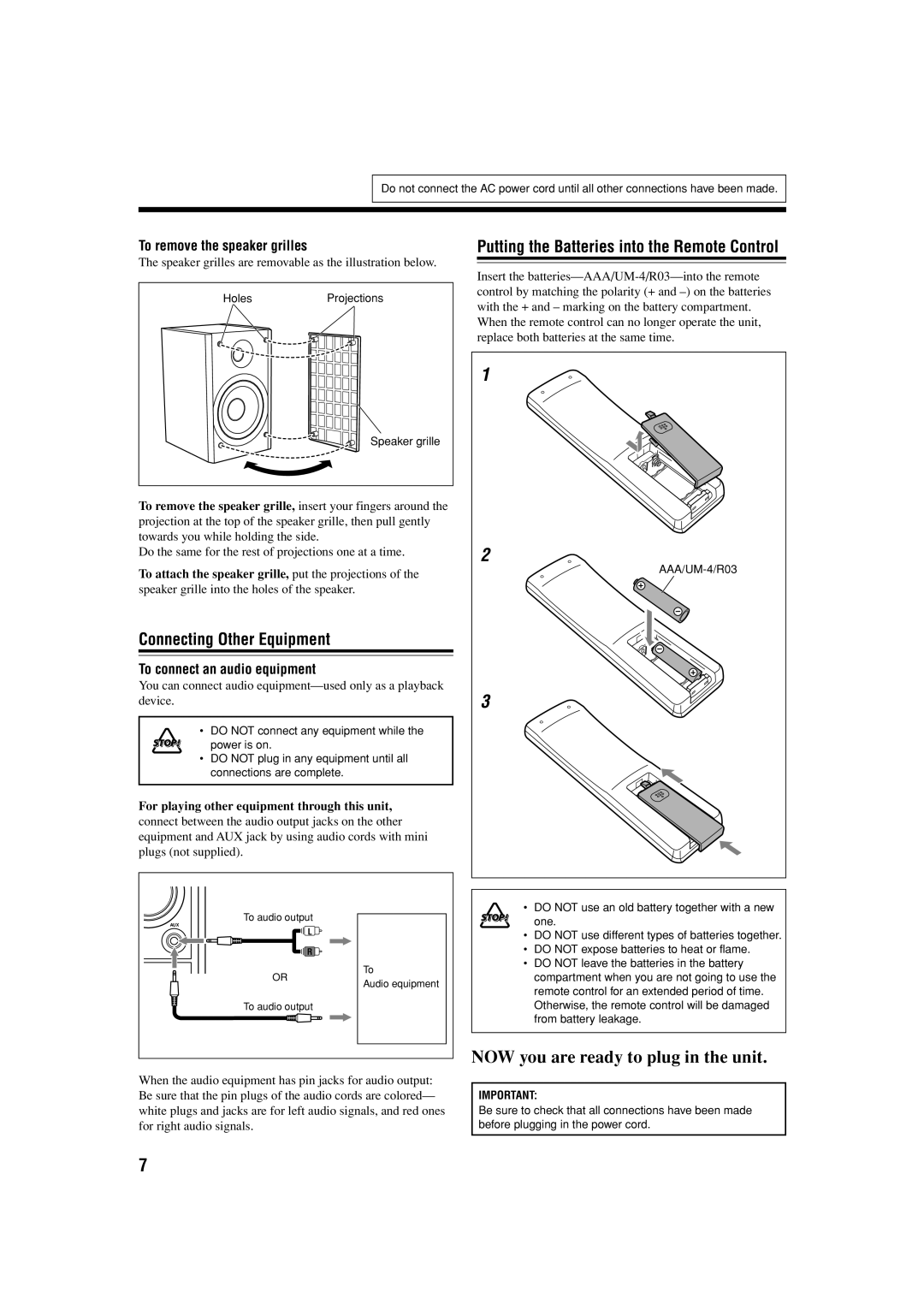 JVC FS-H300 manual Connecting Other Equipment, Putting the Batteries into the Remote Control, To remove the speaker grilles 