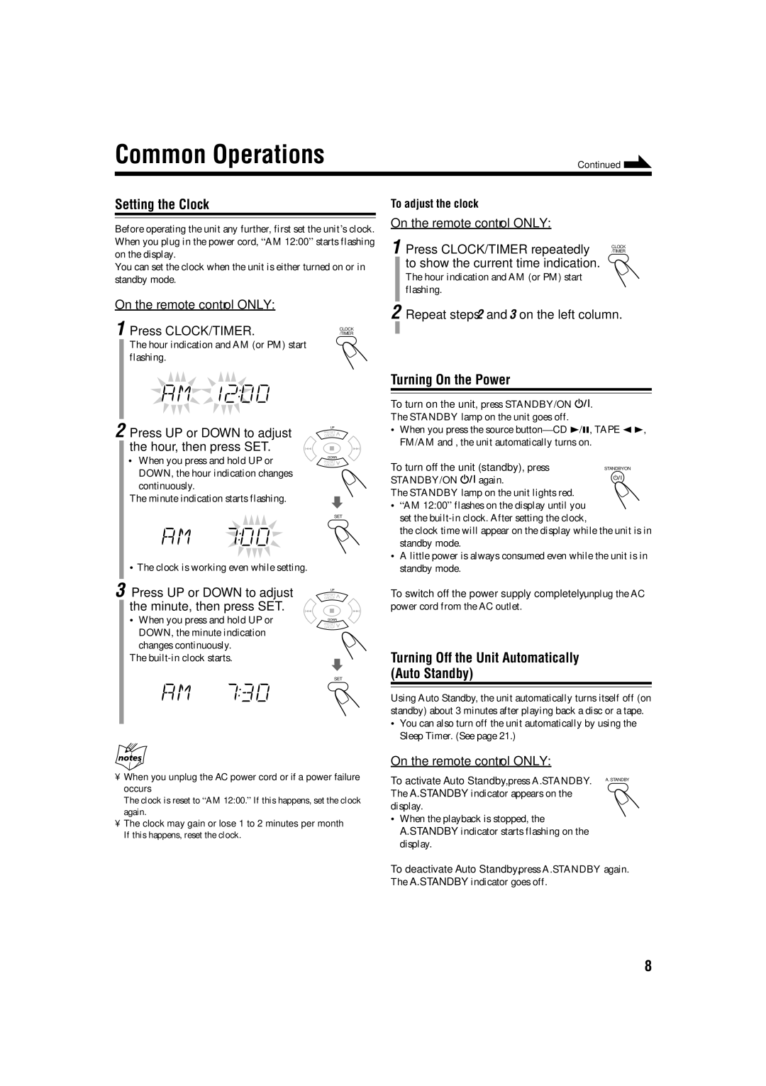 JVC FS-H300 Common Operations, Setting the Clock, Turning On the Power, Turning Off the Unit Automatically Auto Standby 