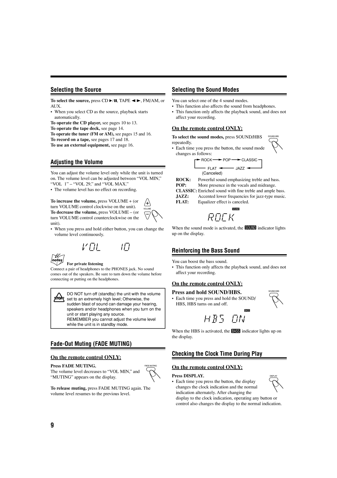 JVC FS-H300 manual Selecting the Source, Adjusting the Volume, Selecting the Sound Modes, Fade-Out Muting Fade Muting 