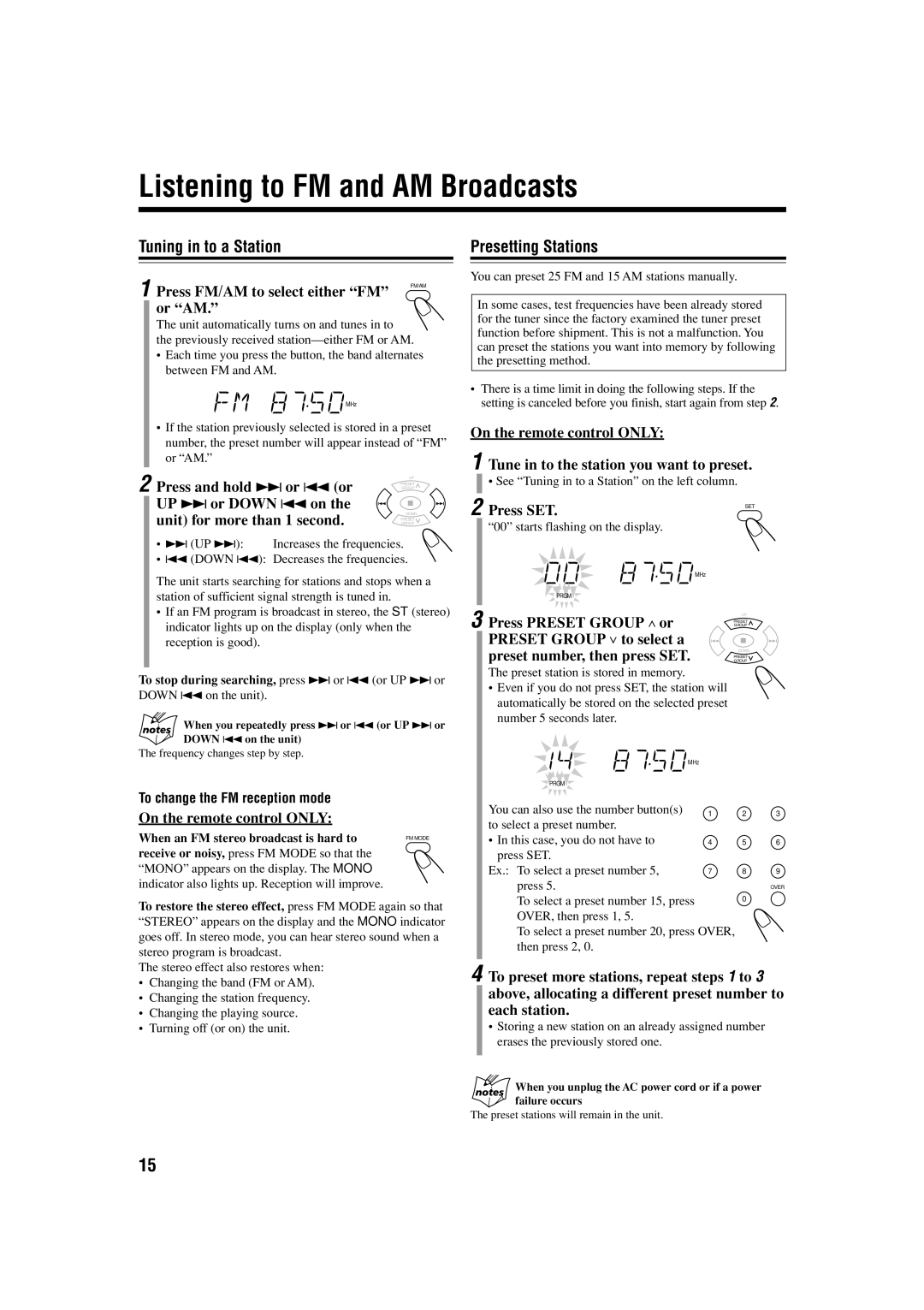 JVC FS-H300 manual Listening to FM and AM Broadcasts, Tuning in to a Station, Presetting Stations 