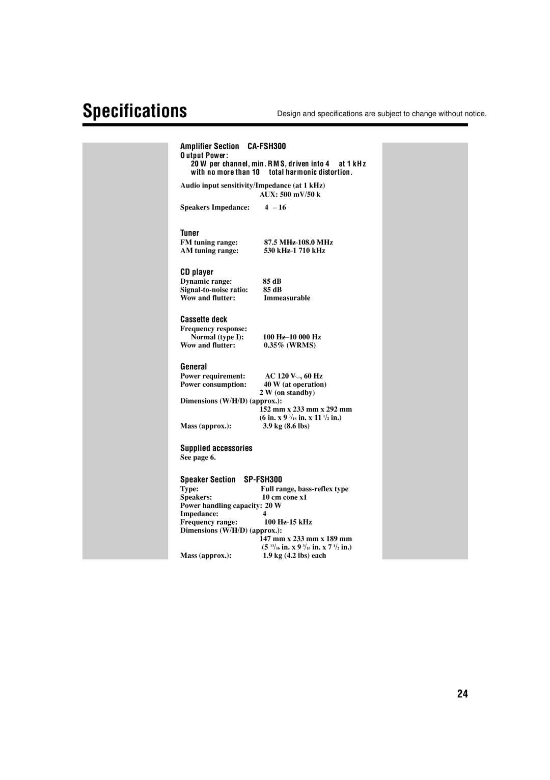 JVC FS-H300 manual Specifications 