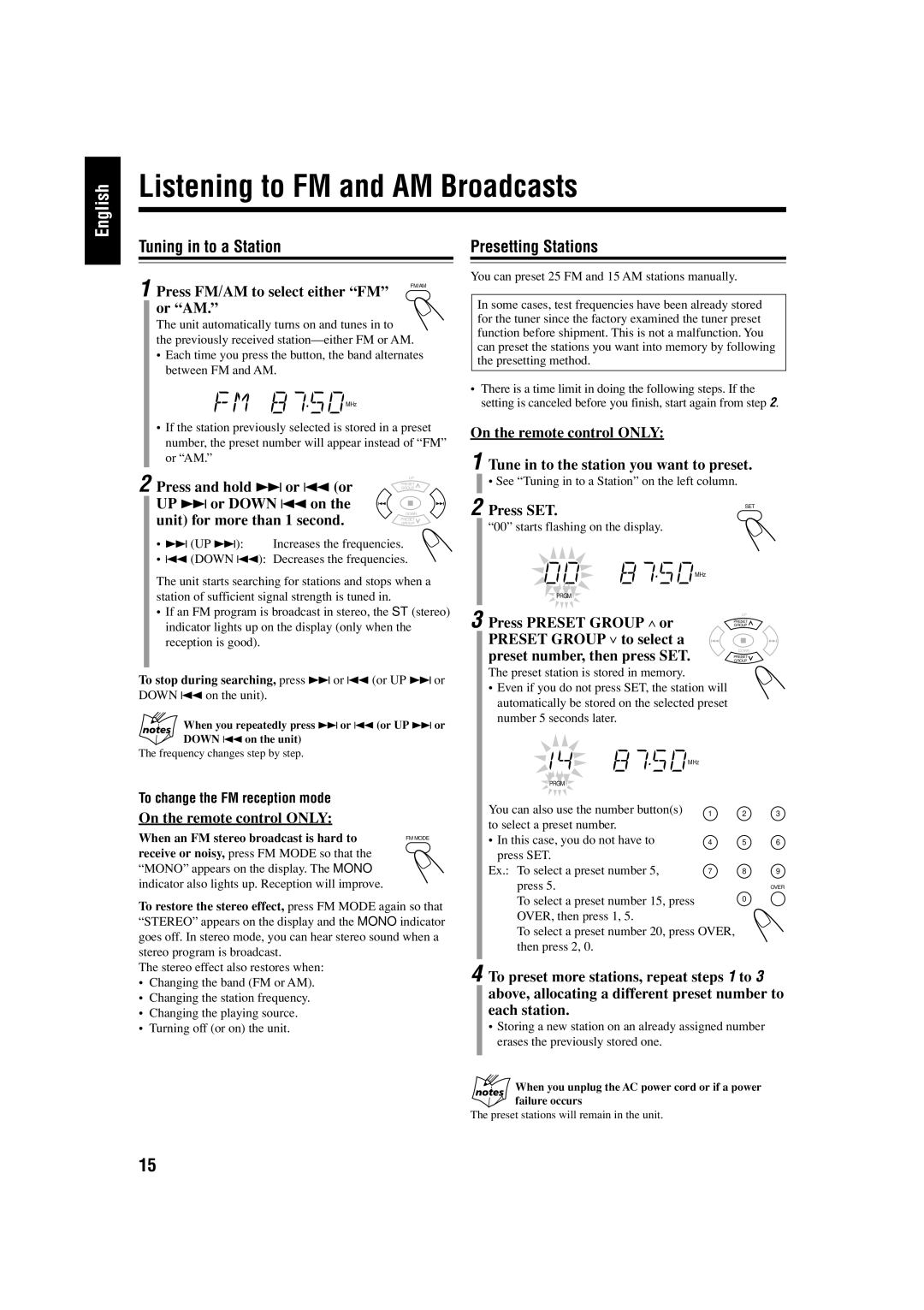 JVC FS-H300 manual Listening to FM and AM Broadcasts 