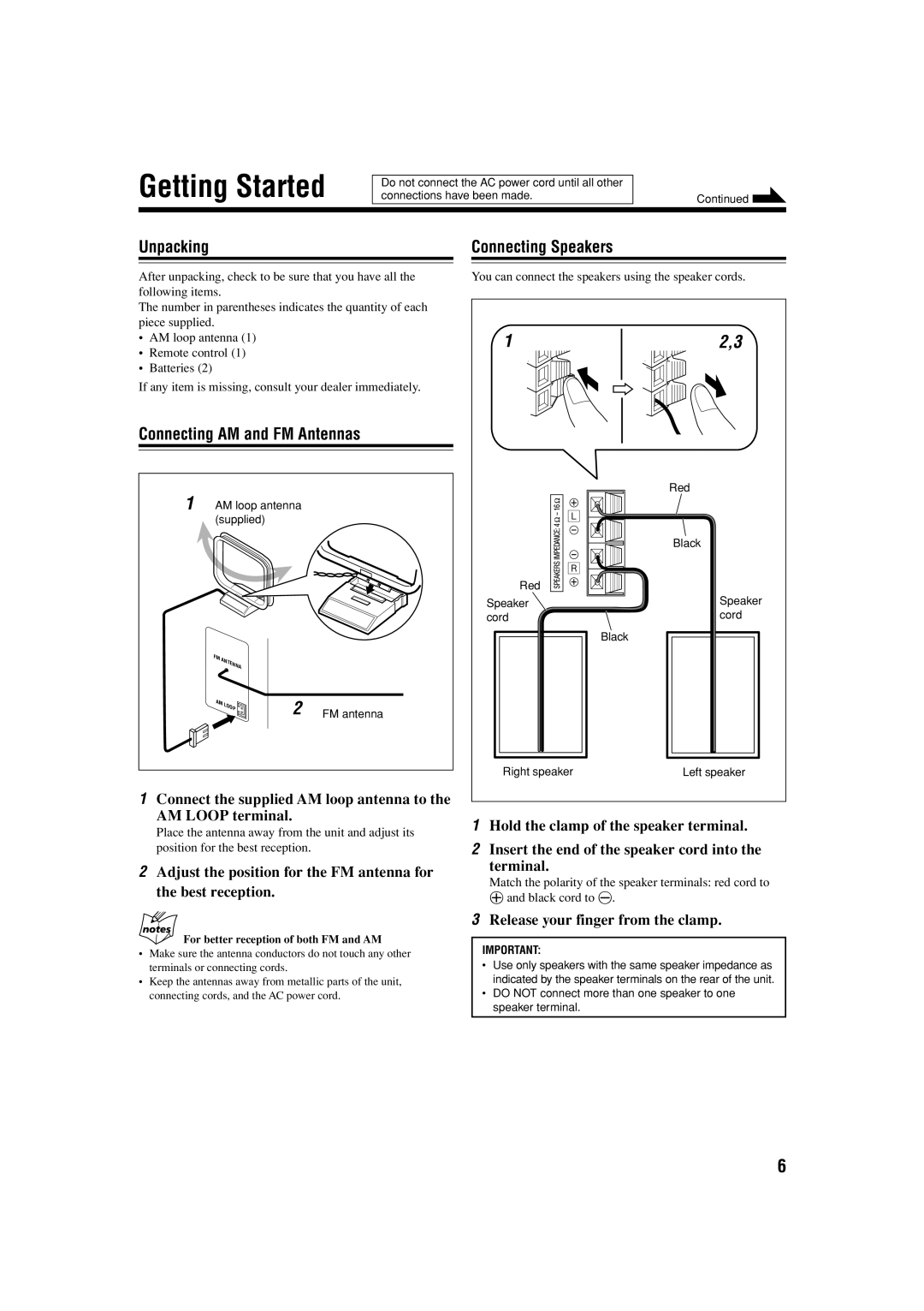 JVC FS-H300 manual Getting Started, Unpacking, Connecting AM and FM Antennas, Connecting Speakers 