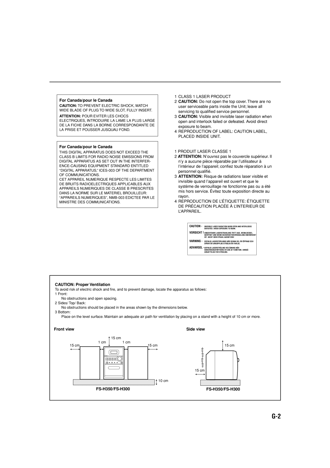 JVC manual For Canada/pour le Canada, CAUTION Proper Ventilation, Front view, Side view, FS-H350/FS-H300 