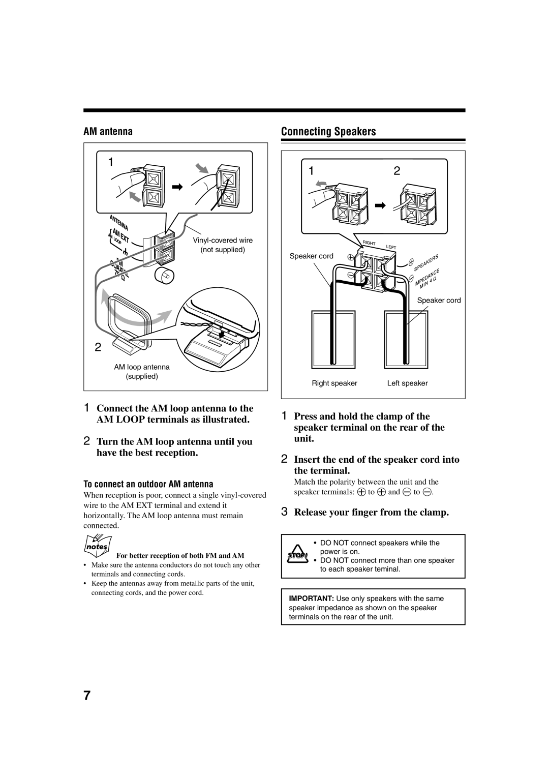 JVC FS-H35 manual Connecting Speakers, Turn the AM loop antenna until you have the best reception 