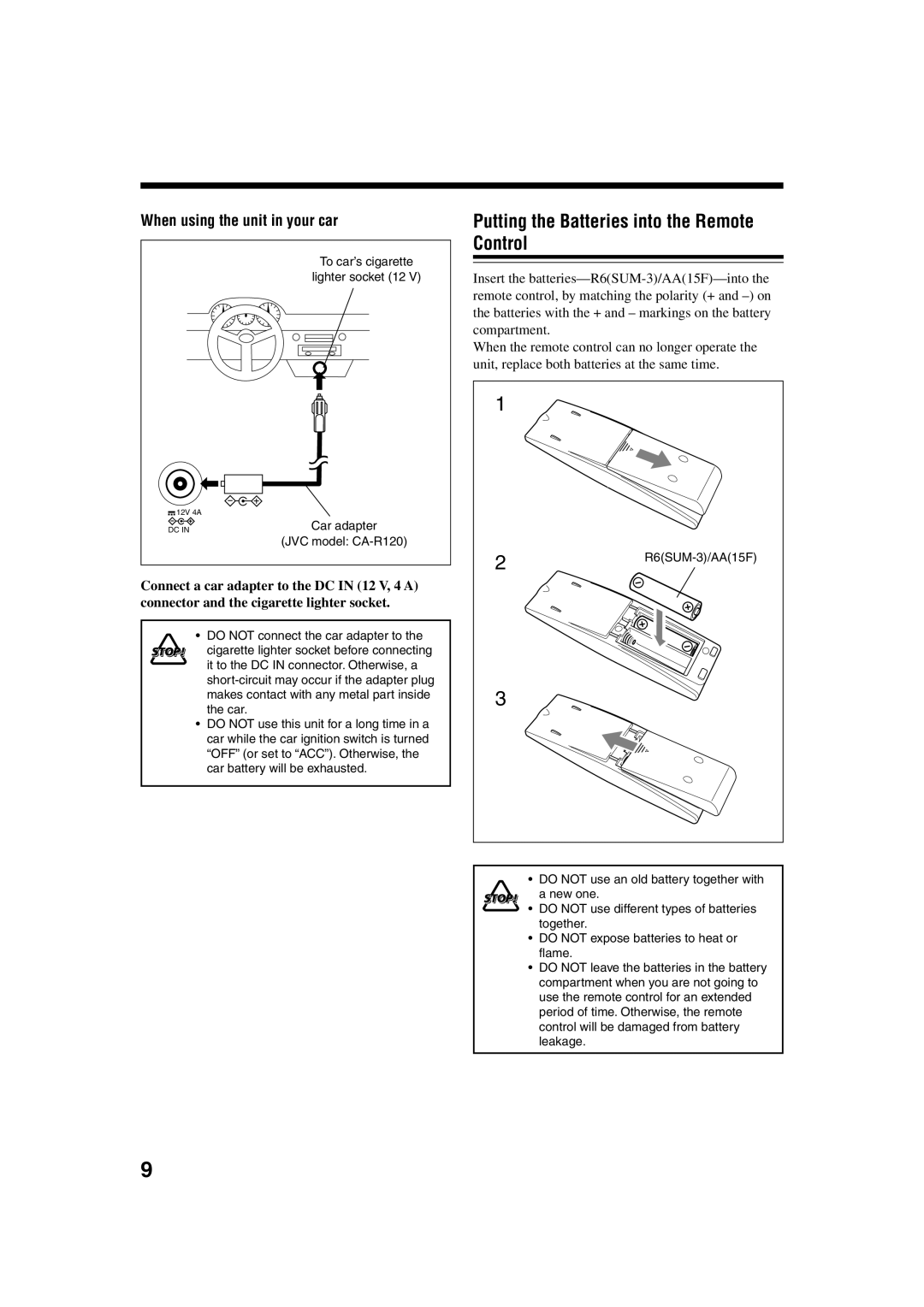 JVC FS-H35 manual Putting the Batteries into the Remote Control, When using the unit in your car 