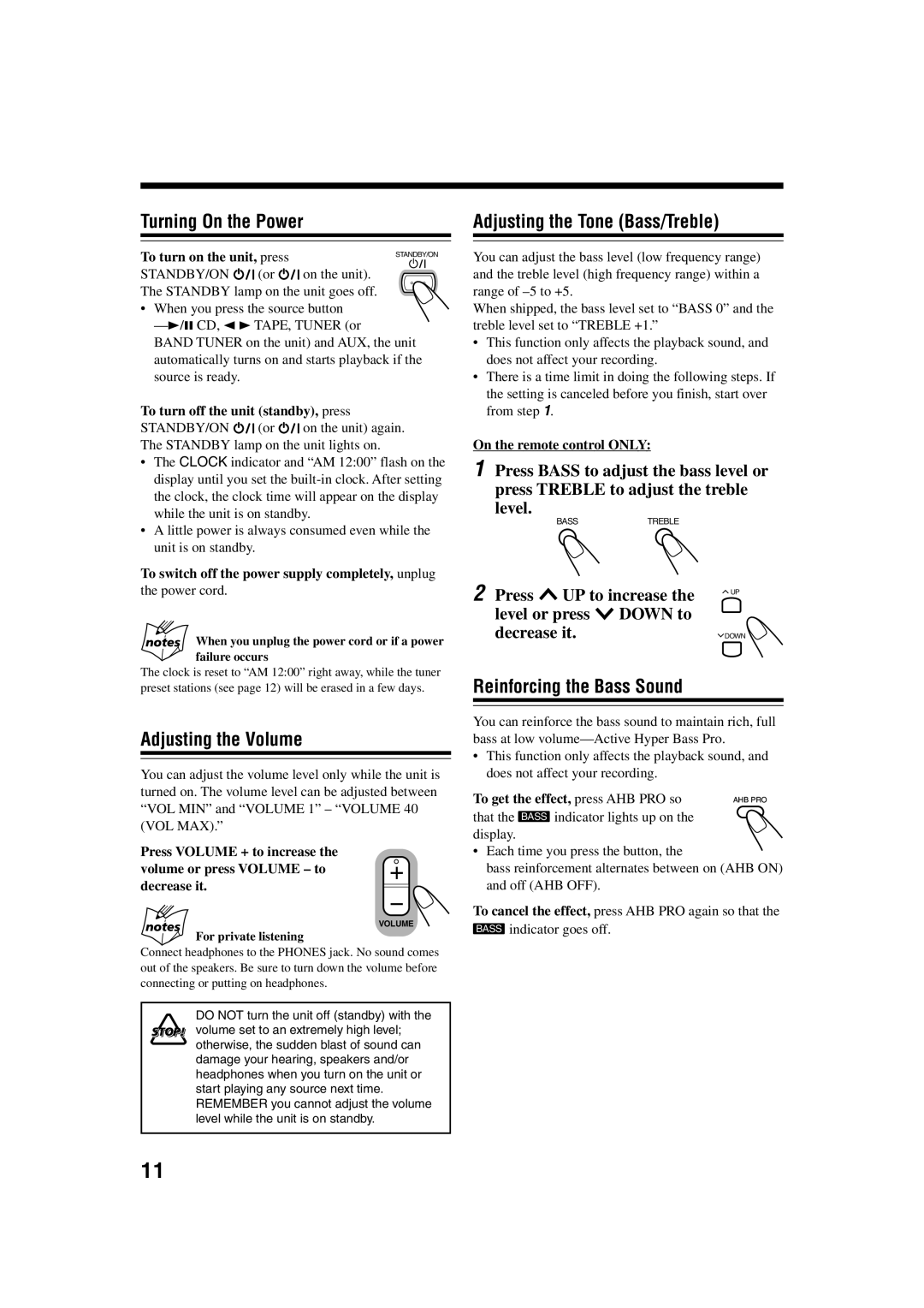 JVC FS-H35 manual Adjusting the Volume, Adjusting the Tone Bass/Treble, Reinforcing the Bass Sound, Level 
