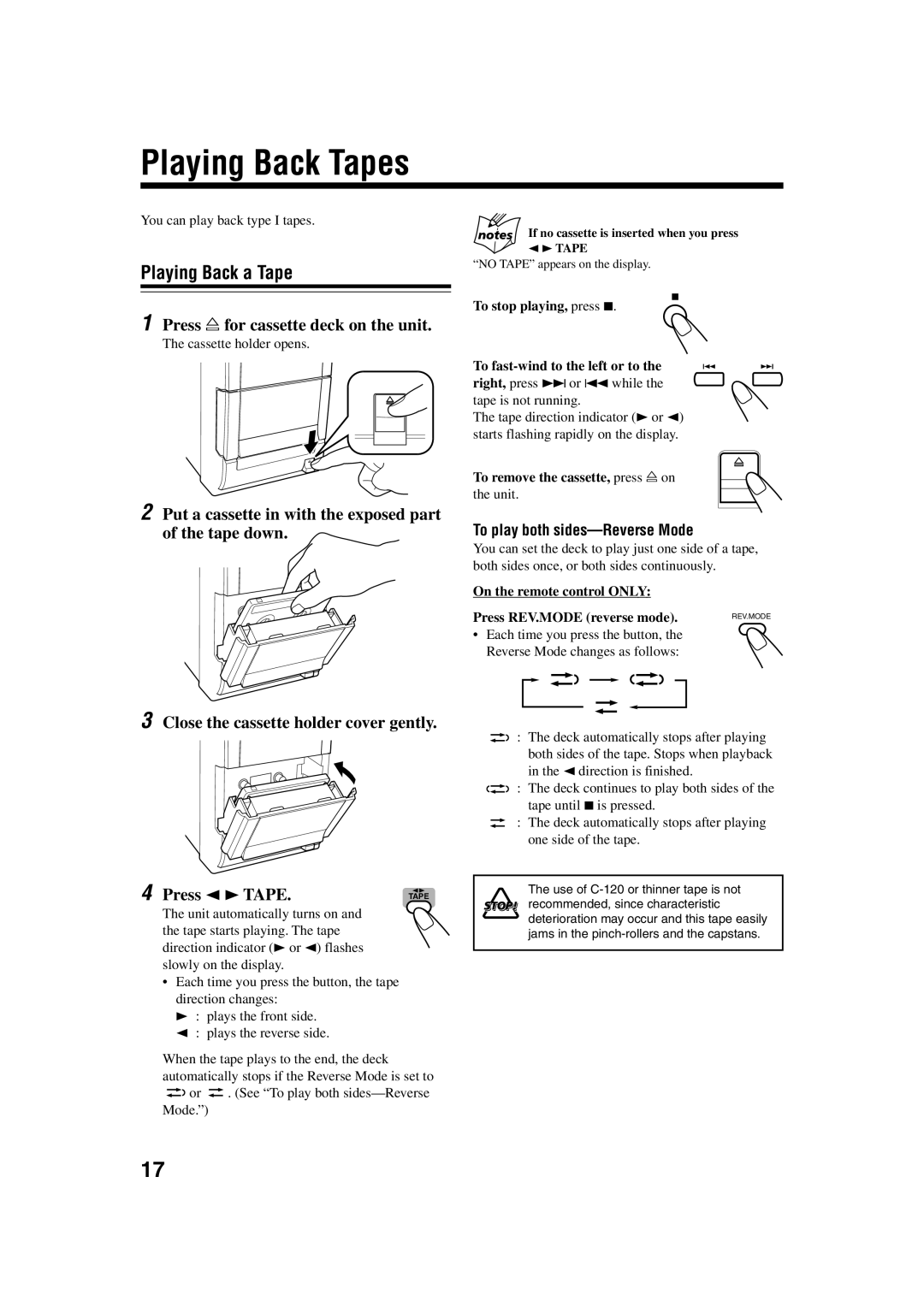 JVC FS-H35 manual Playing Back Tapes, Playing Back a Tape, Press for cassette deck on the unit 