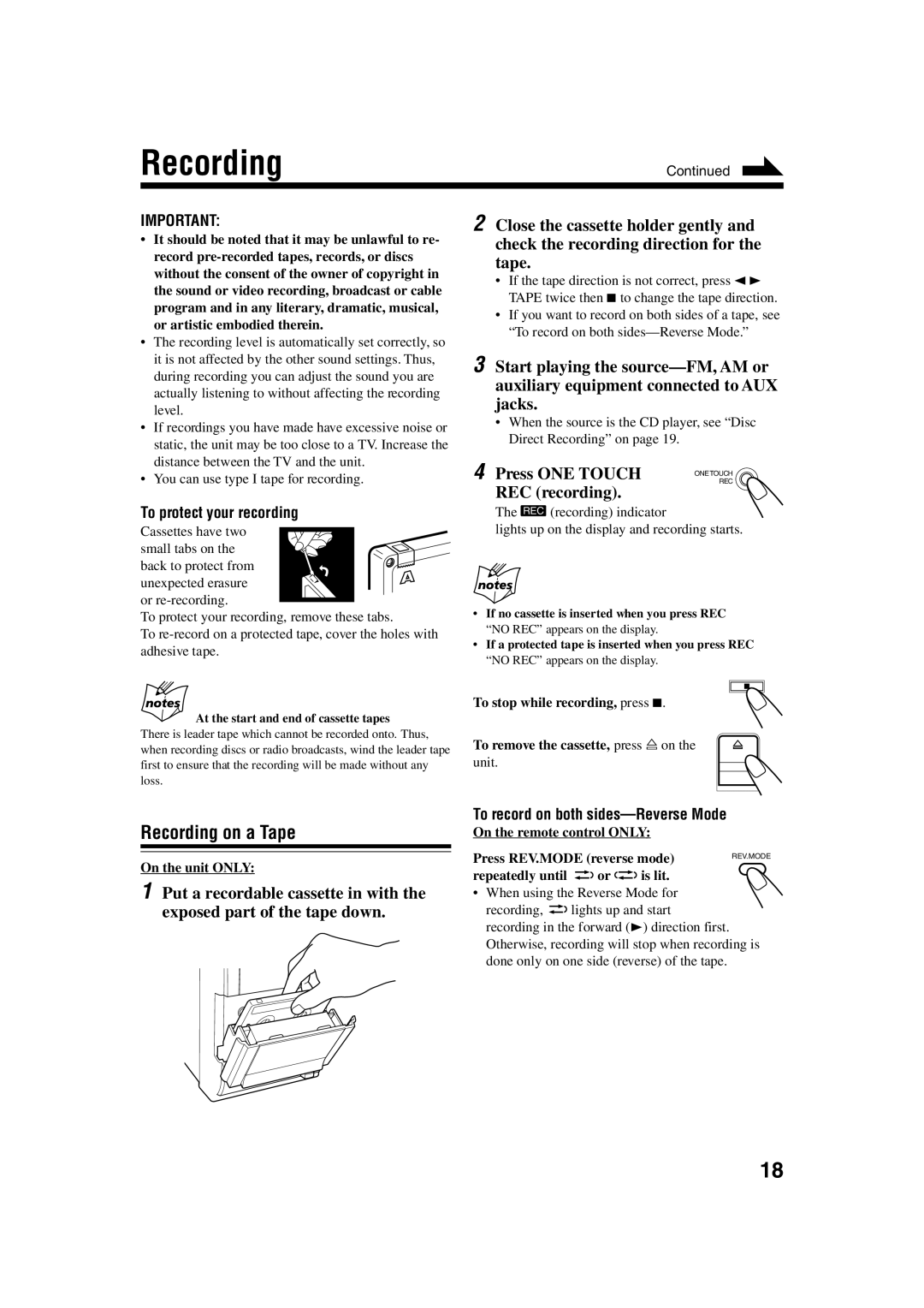 JVC FS-H35 manual Recording on a Tape, To protect your recording, To record on both sides-Reverse Mode 