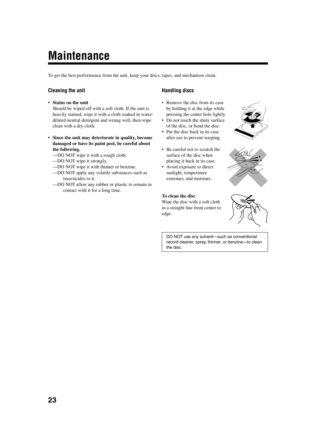 JVC FS-H35 manual Maintenance, Cleaning the unit, Stains on the unit, To clean the disc 