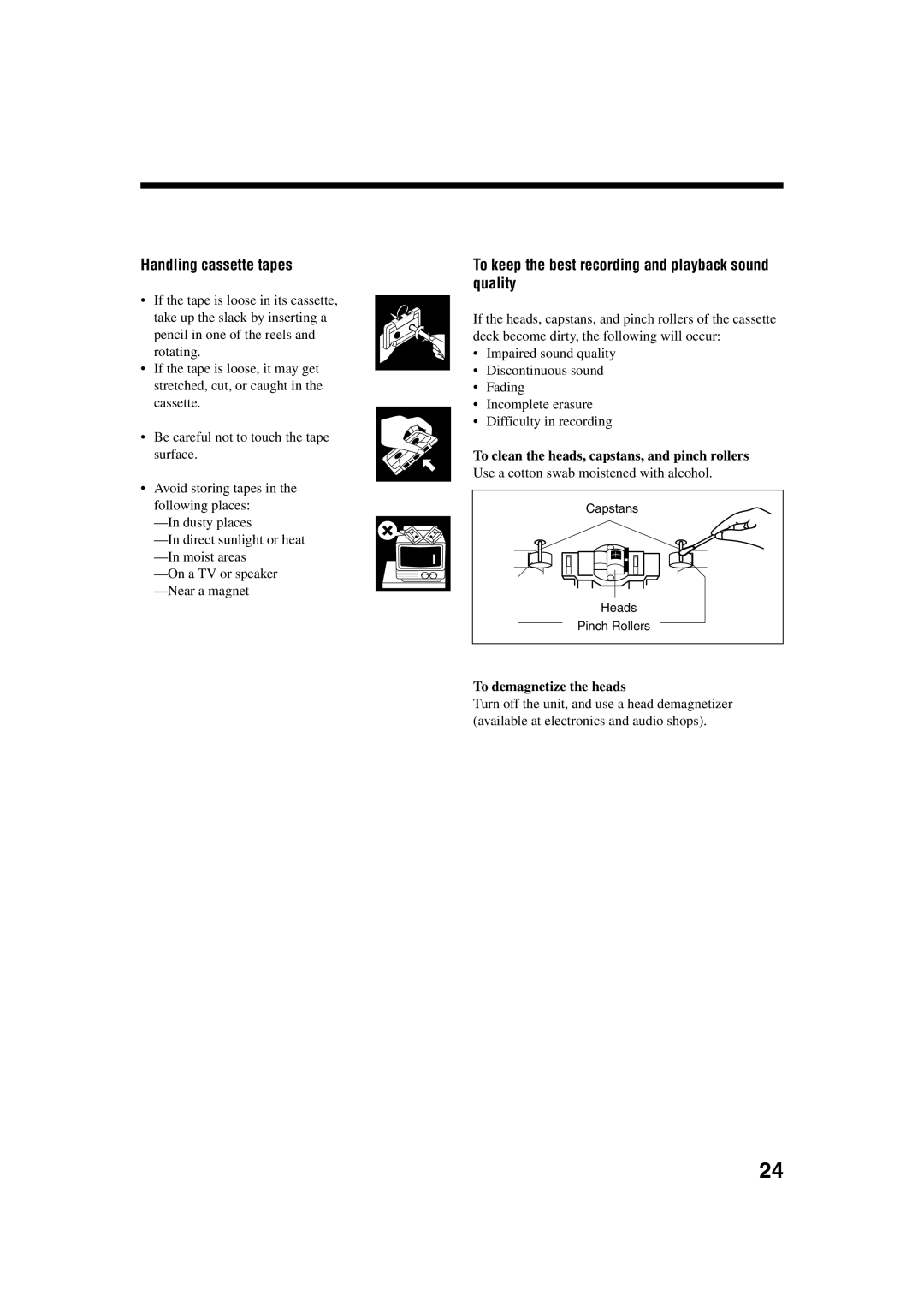 JVC FS-H35 manual Handling cassette tapes, To keep the best recording and playback sound quality, To demagnetize the heads 