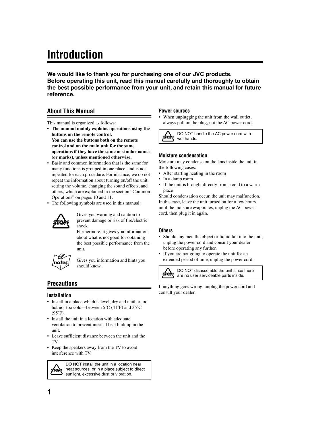 JVC FS-H35 manual Introduction, About This Manual, Precautions 