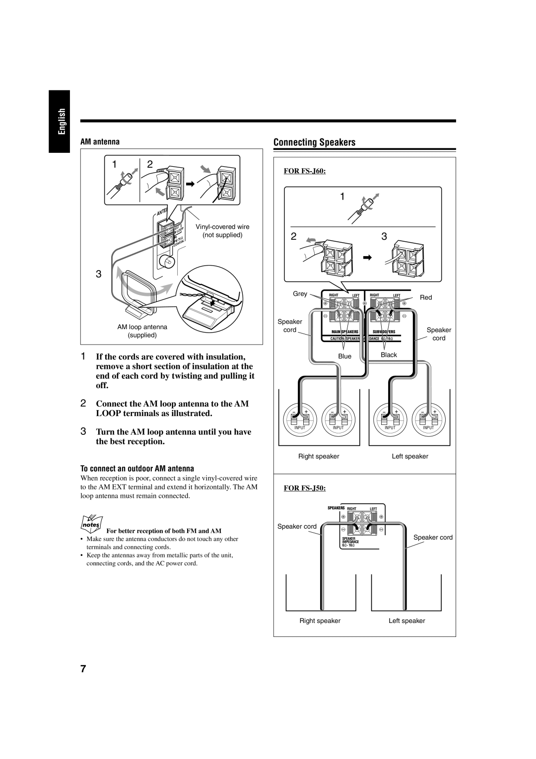 JVC FS-J50 manual Connecting Speakers, To connect an outdoor AM antenna, For FS-J60 