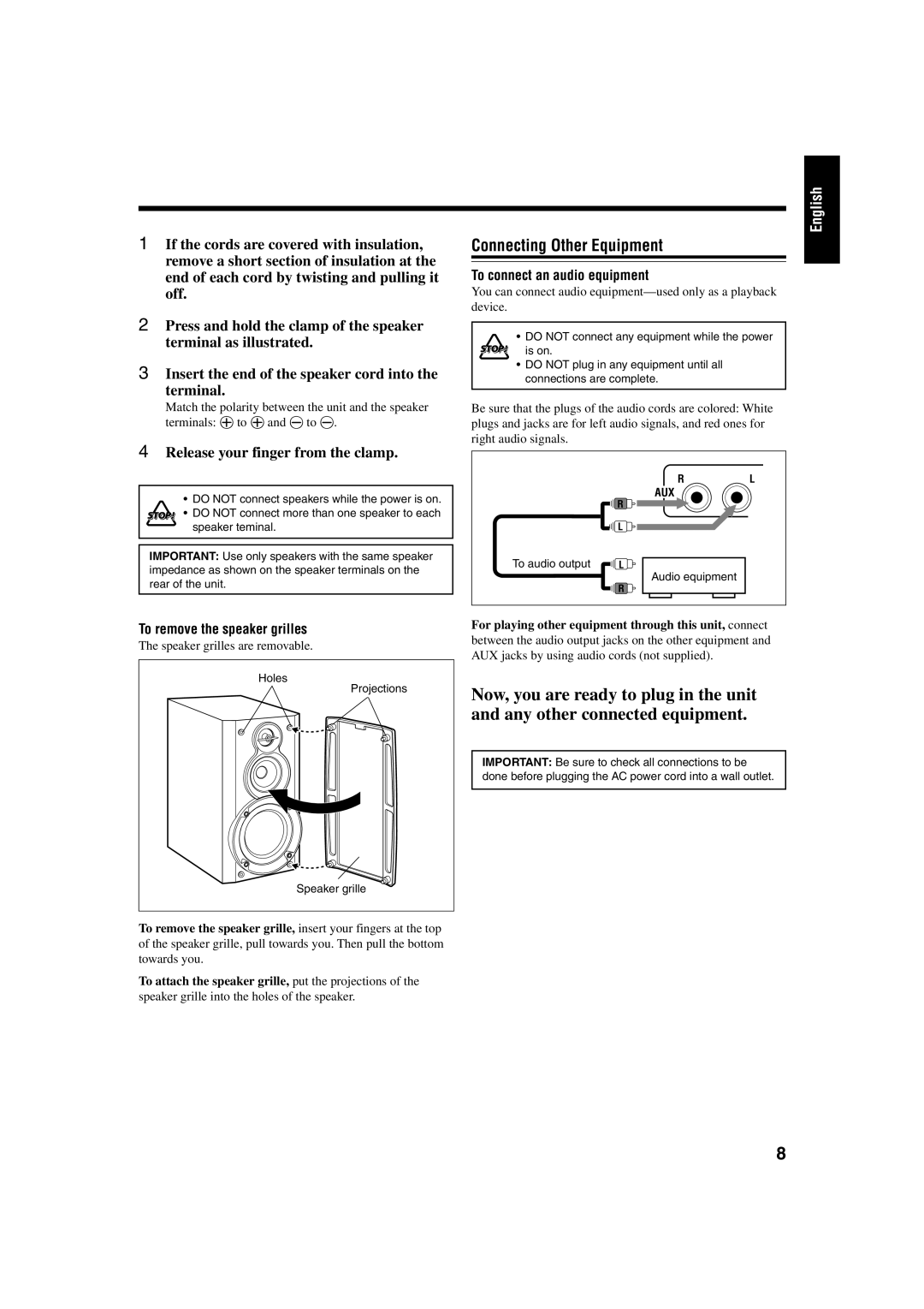 JVC FS-J60, FS-J50 manual Connecting Other Equipment, Release your finger from the clamp, To remove the speaker grilles 