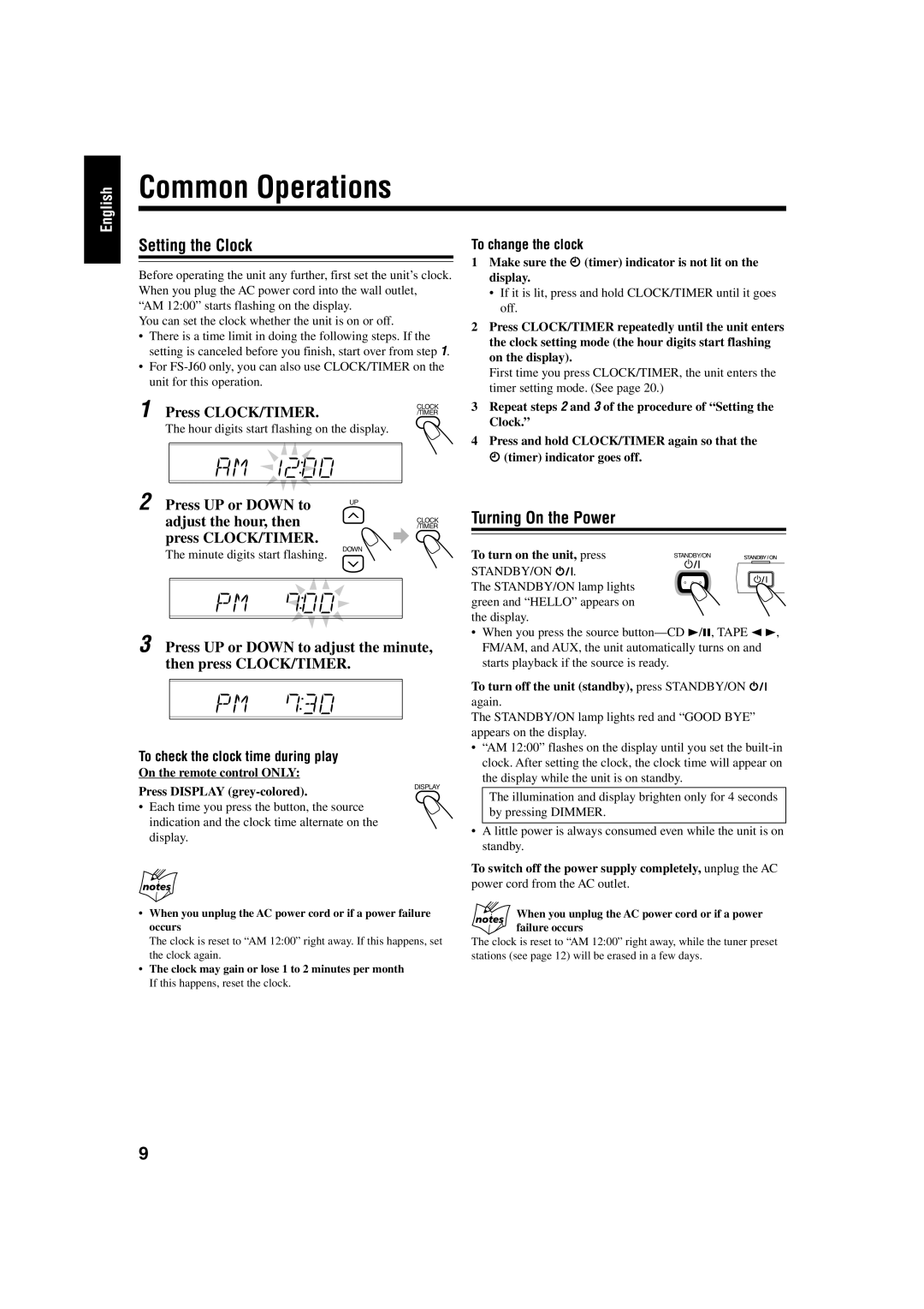 JVC FS-J50, FS-J60 manual Common Operations, Setting the Clock, Turning On the Power, Press CLOCK/TIMER 