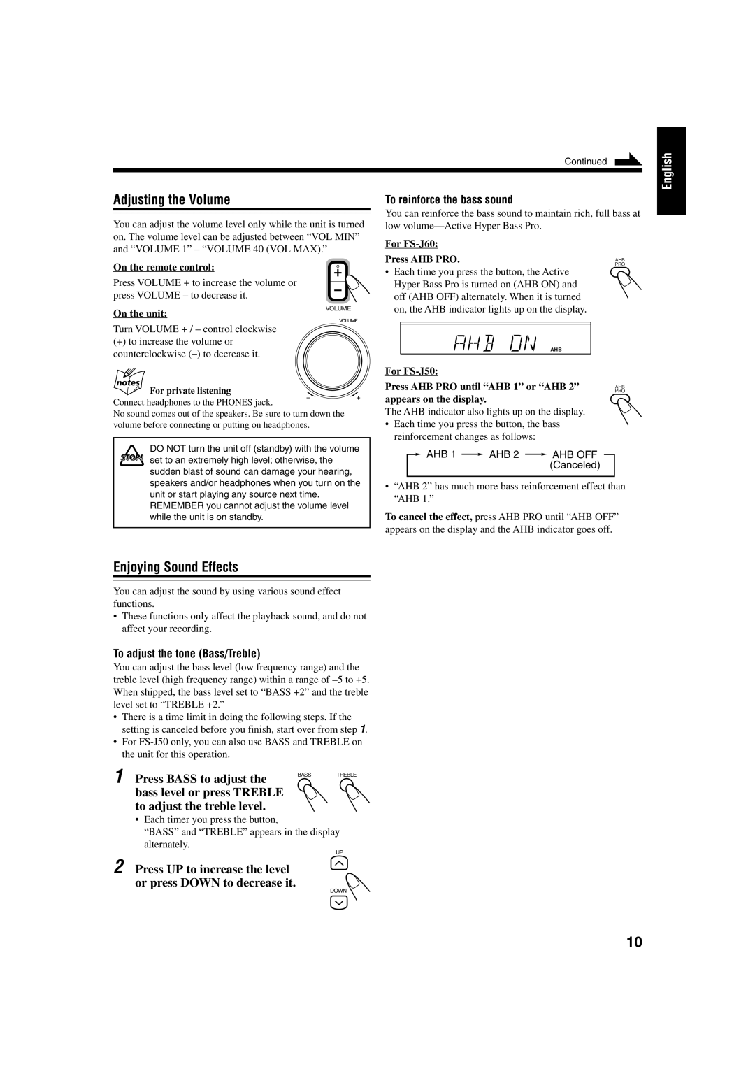 JVC FS-J60, FS-J50 manual Adjusting the Volume, Enjoying Sound Effects, Press Bass to adjust 