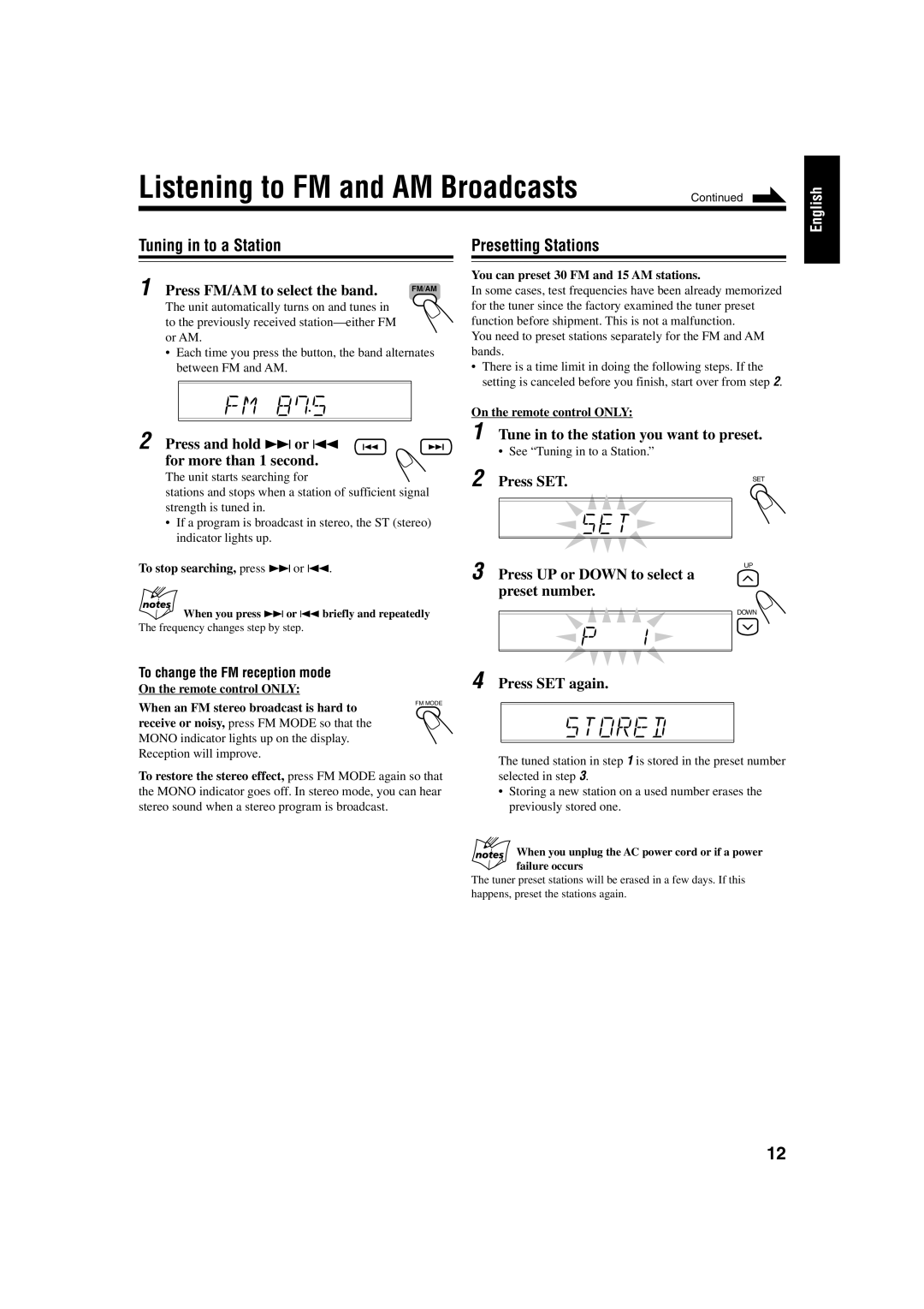 JVC FS-J60, FS-J50 manual Listening to FM and AM Broadcasts, Tuning in to a Station, Presetting Stations 