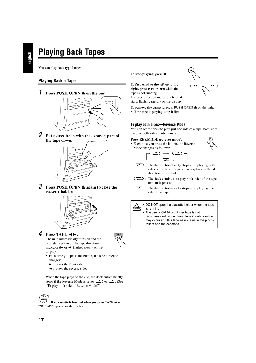 JVC FS-J50, FS-J60 Playing Back Tapes, Playing Back a Tape, Press Push Open 0 on the unit, To play both sides-Reverse Mode 