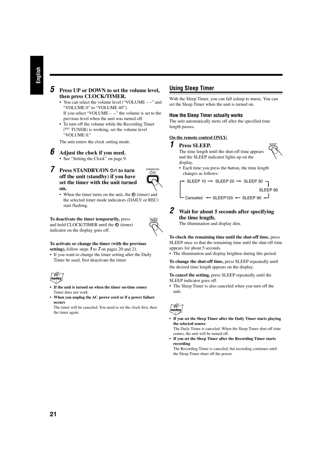 JVC FS-J50, FS-J60 manual Using Sleep Timer, Adjust the clock if you need, Press STANDBY/ON to turn, Press Sleep 