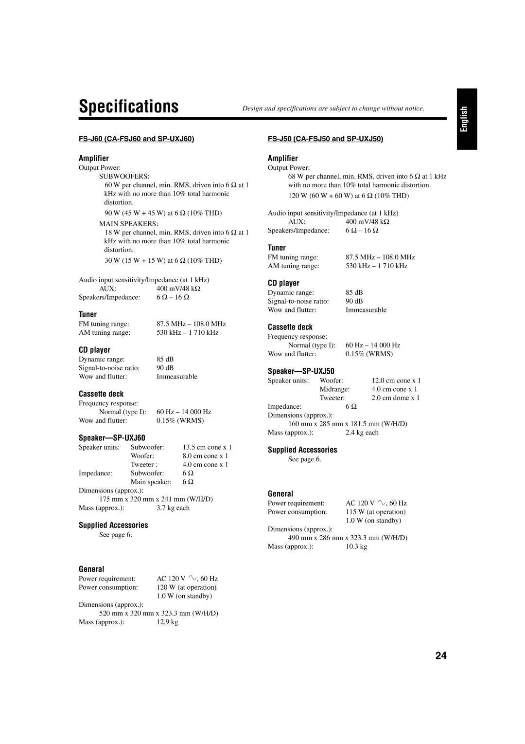 JVC FS-J60, FS-J50 manual Specifications 