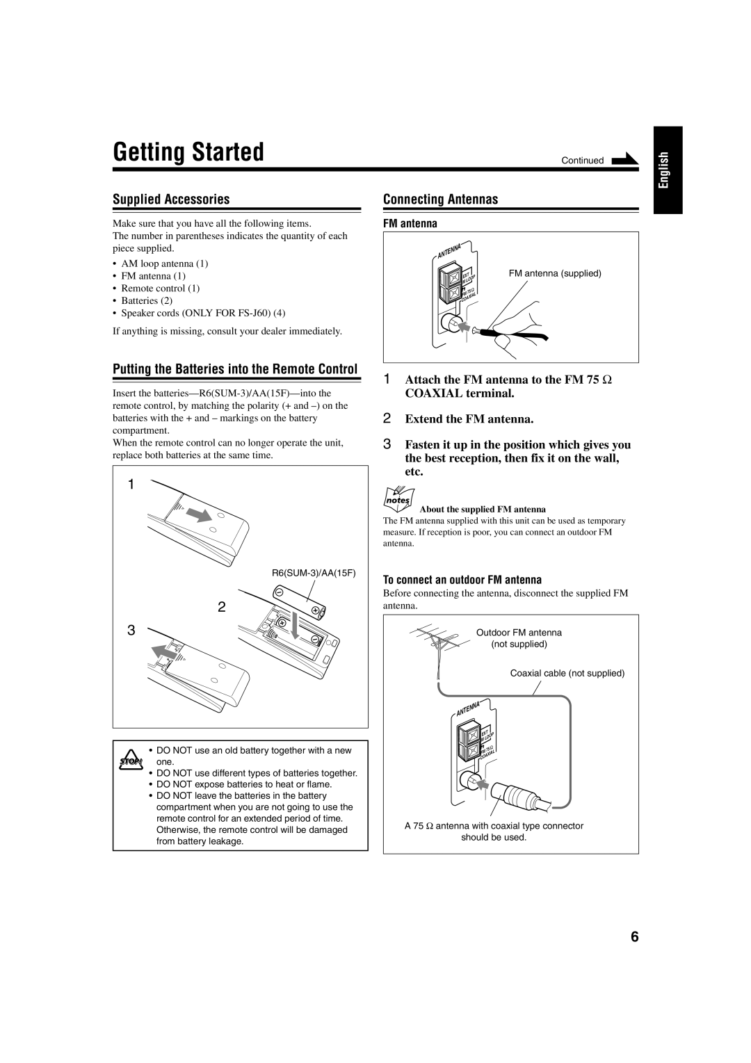 JVC FS-J60, FS-J50 Getting Started, Supplied Accessories, Connecting Antennas FM antenna, To connect an outdoor FM antenna 