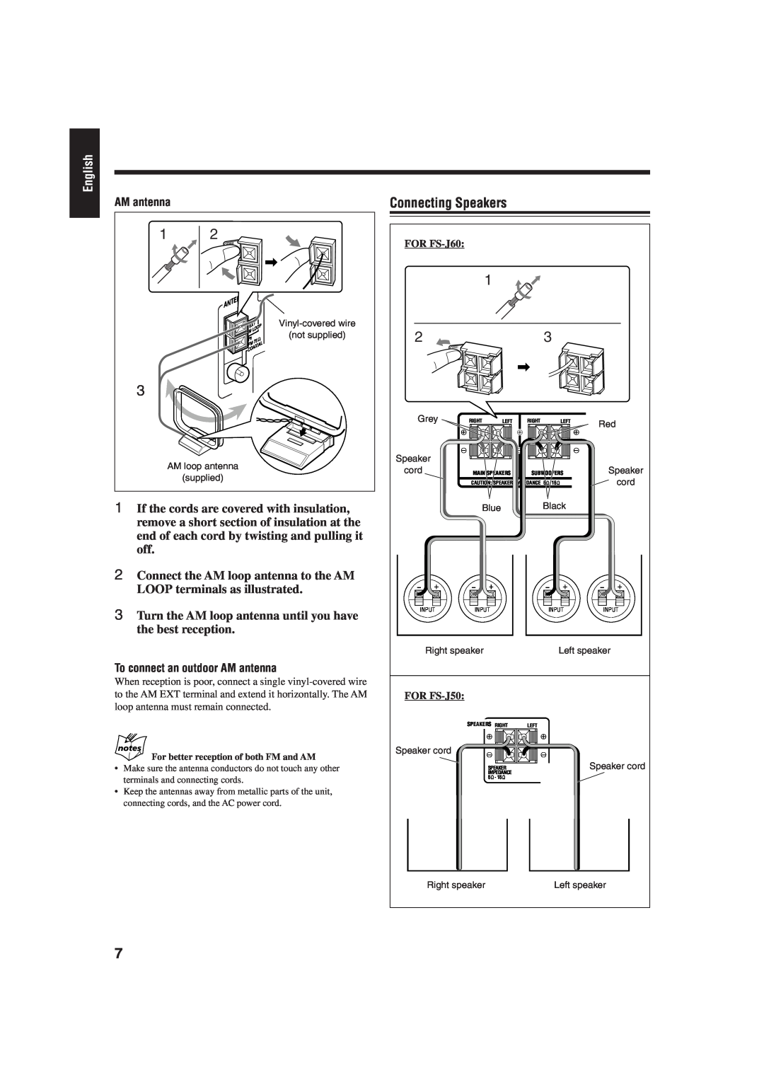 JVC FS-J50 Connecting Speakers, Connect the AM loop antenna to the AM LOOP terminals as illustrated, AM antenna, English 