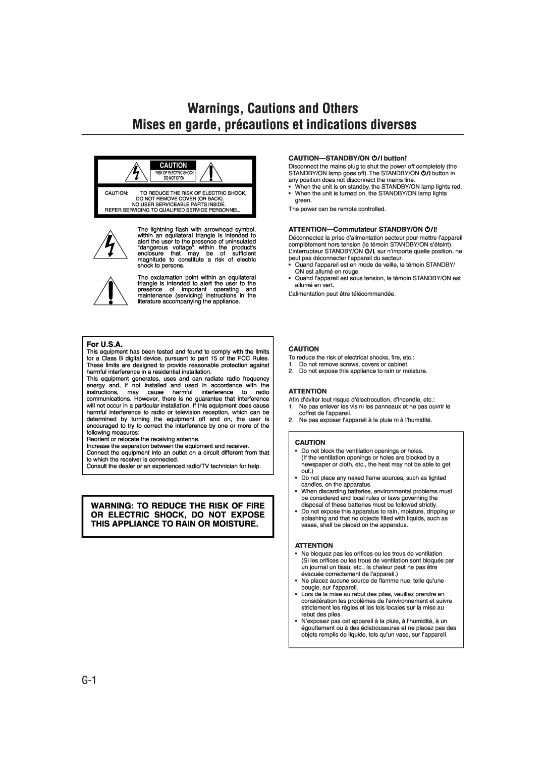 JVC FS-J50, FS-J60 manual Warnings, Cautions and Others, Mises en garde, précautions et indications diverses, For U.S.A 