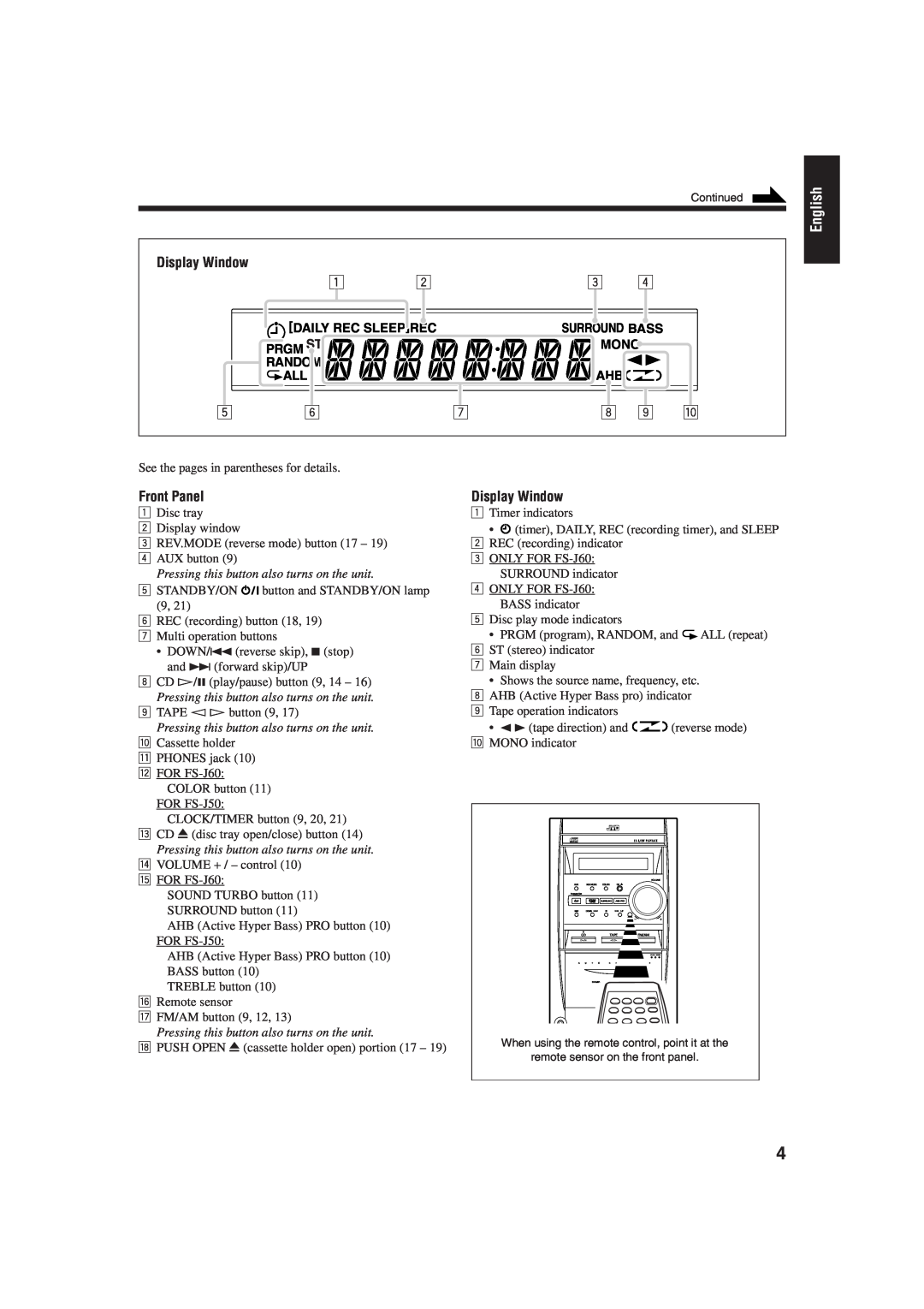 JVC FS-J60, FS-J50 manual 8 9 p, Display Window, Random, English, Front Panel, Daily Rec Sleeprec, Mono 