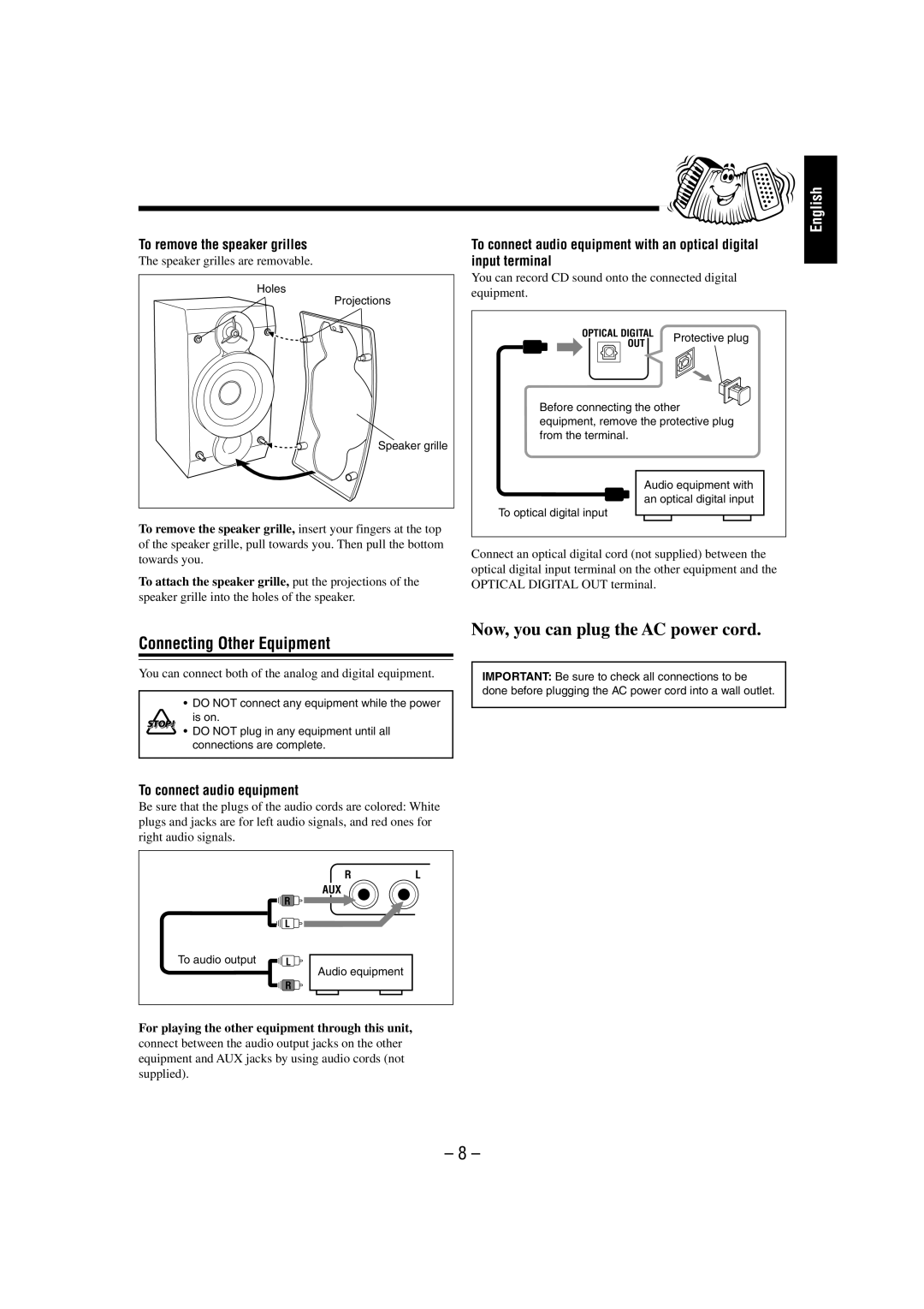 JVC FS-L30 manual Connecting Other Equipment, To remove the speaker grilles, To connect audio equipment 