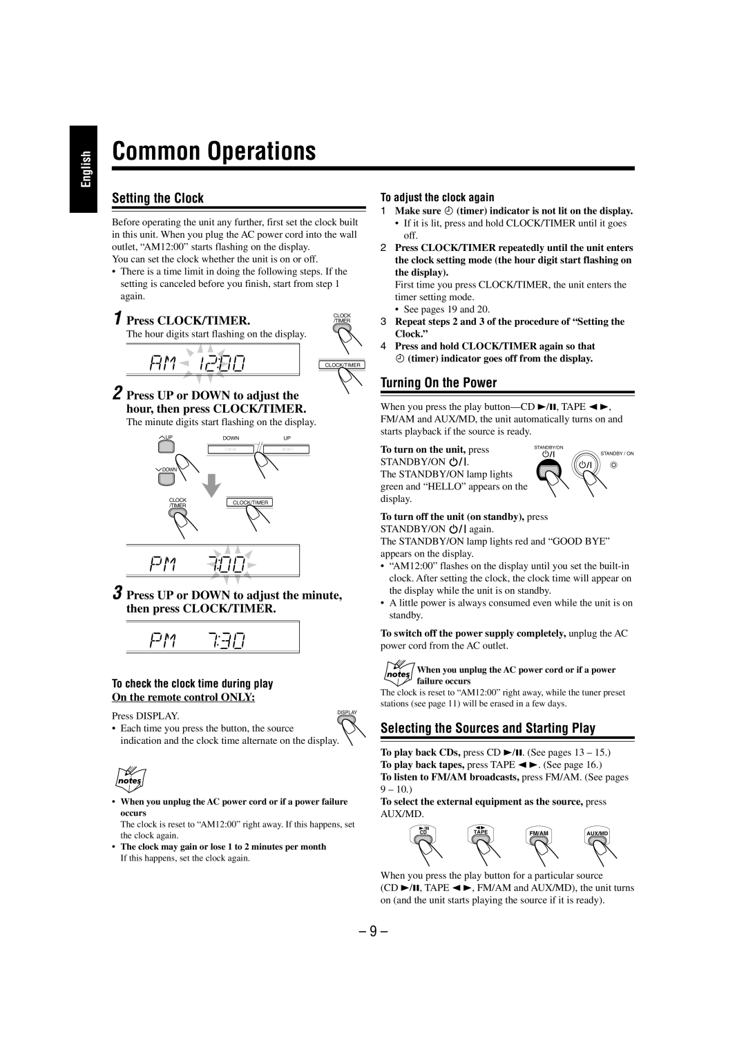 JVC FS-L30 manual Common Operations, Setting the Clock, Turning On the Power, Selecting the Sources and Starting Play 