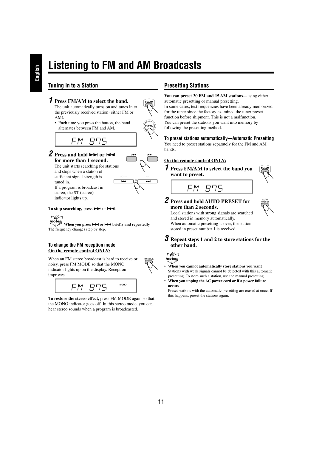 JVC FS-L30 manual Listening to FM and AM Broadcasts, Tuning in to a Station, Presetting Stations 