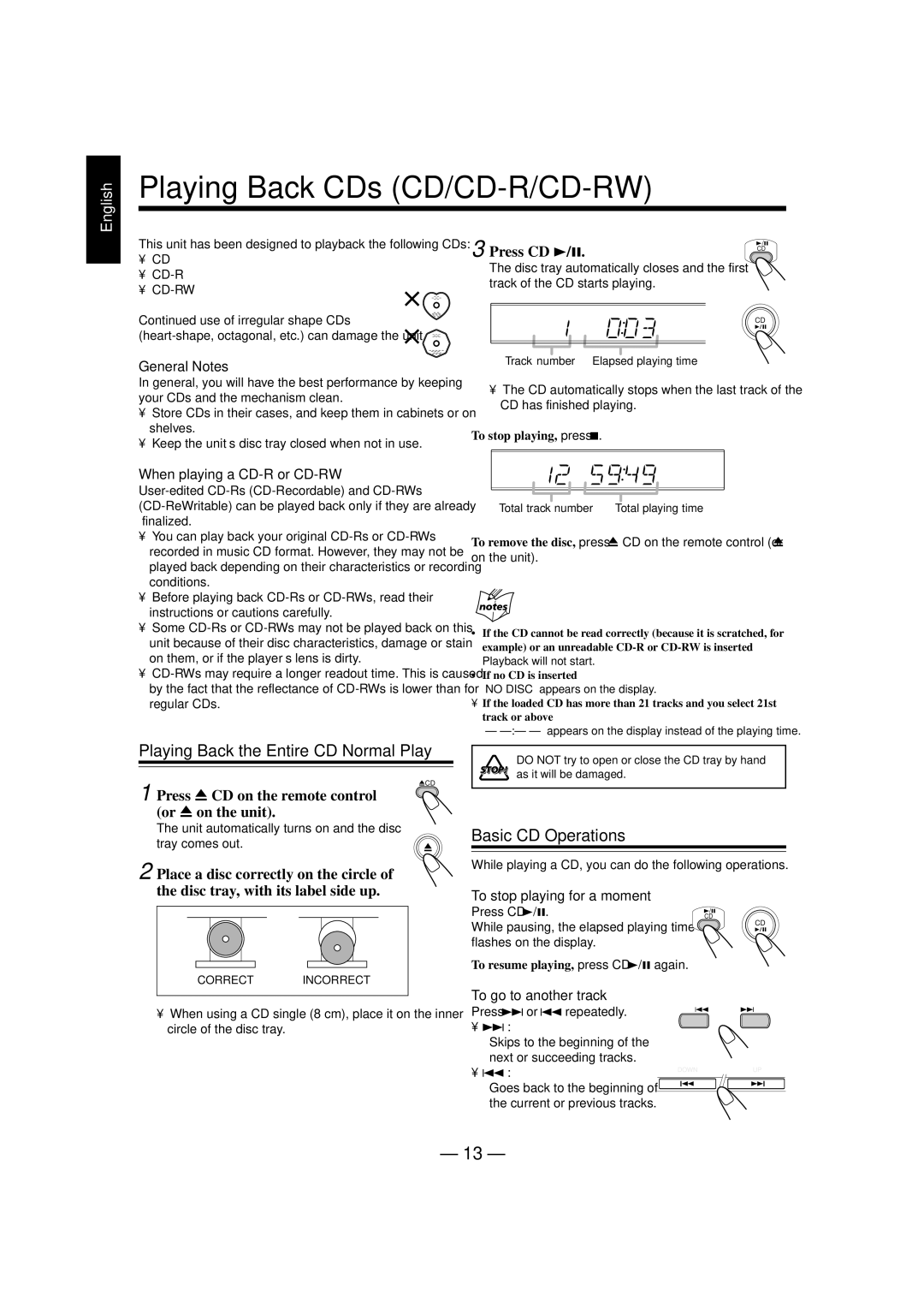 JVC FS-L30 manual Playing Back CDs CD/CD-R/CD-RW, Playing Back the Entire CD-Normal Play, Basic CD Operations, Press CD 3/8 