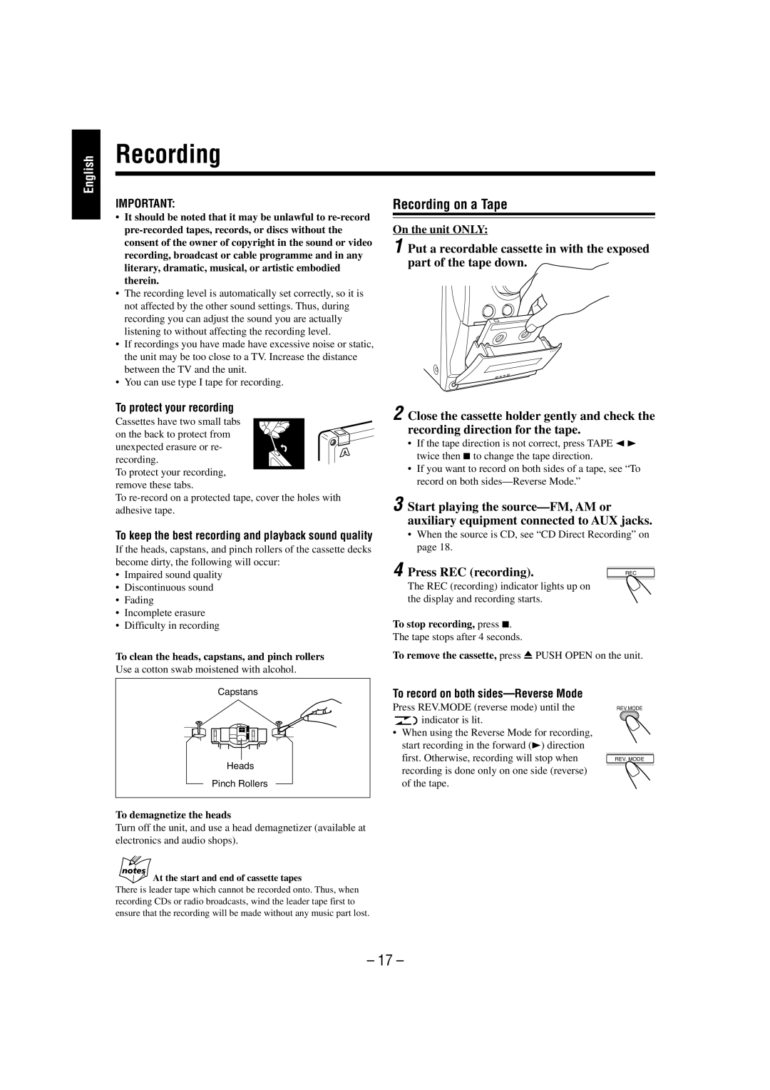 JVC FS-L30 manual Recording on a Tape, Press REC recording, To keep the best recording and playback sound quality 