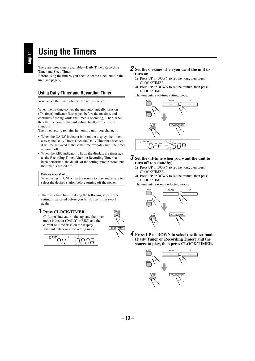 JVC FS-L30 Using the Timers, Using Daily Timer and Recording Timer, Set the on-time when you want the unit to turn on 