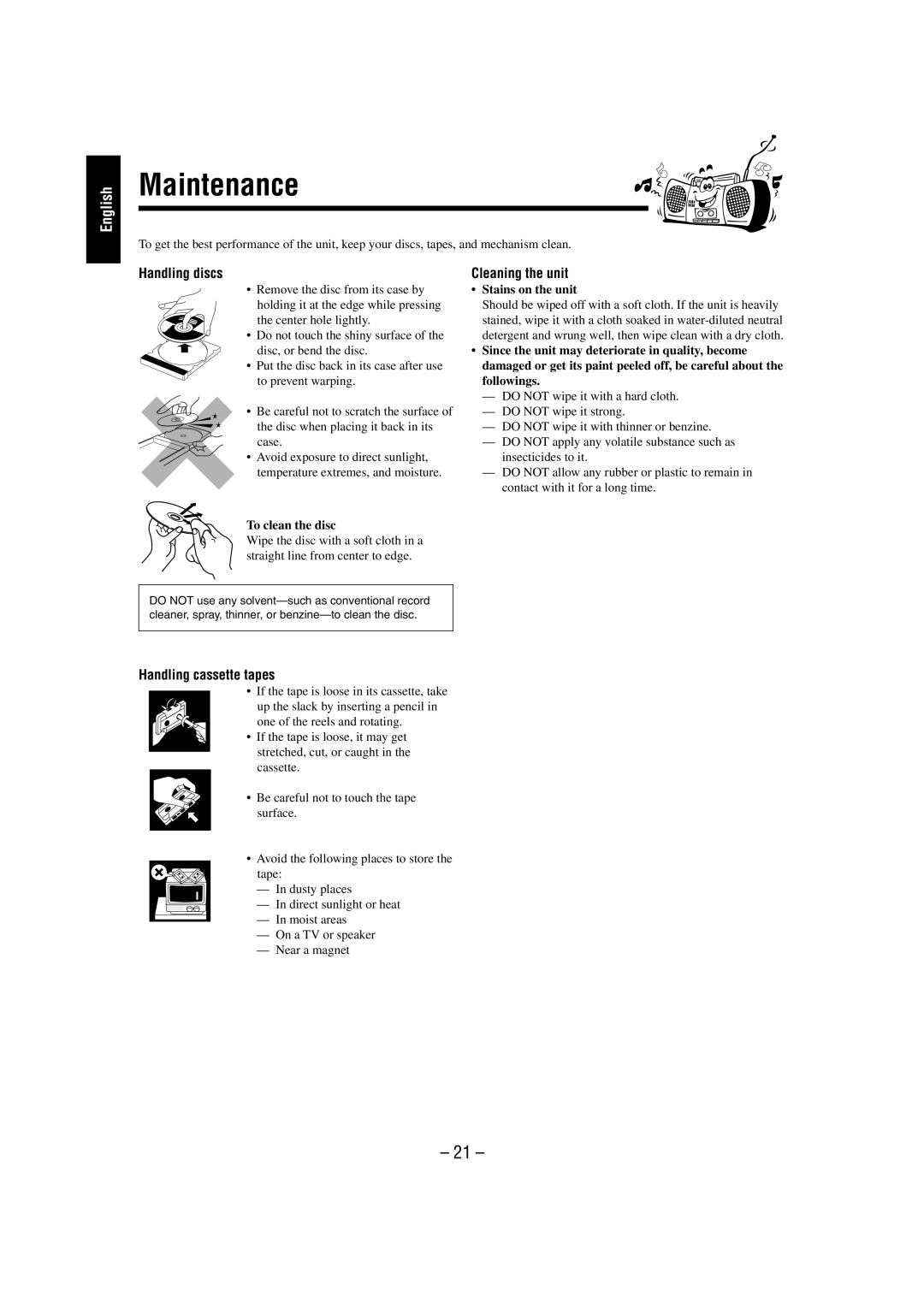 JVC FS-L30 manual Maintenance, Handling discs, Cleaning the unit, Handling cassette tapes 