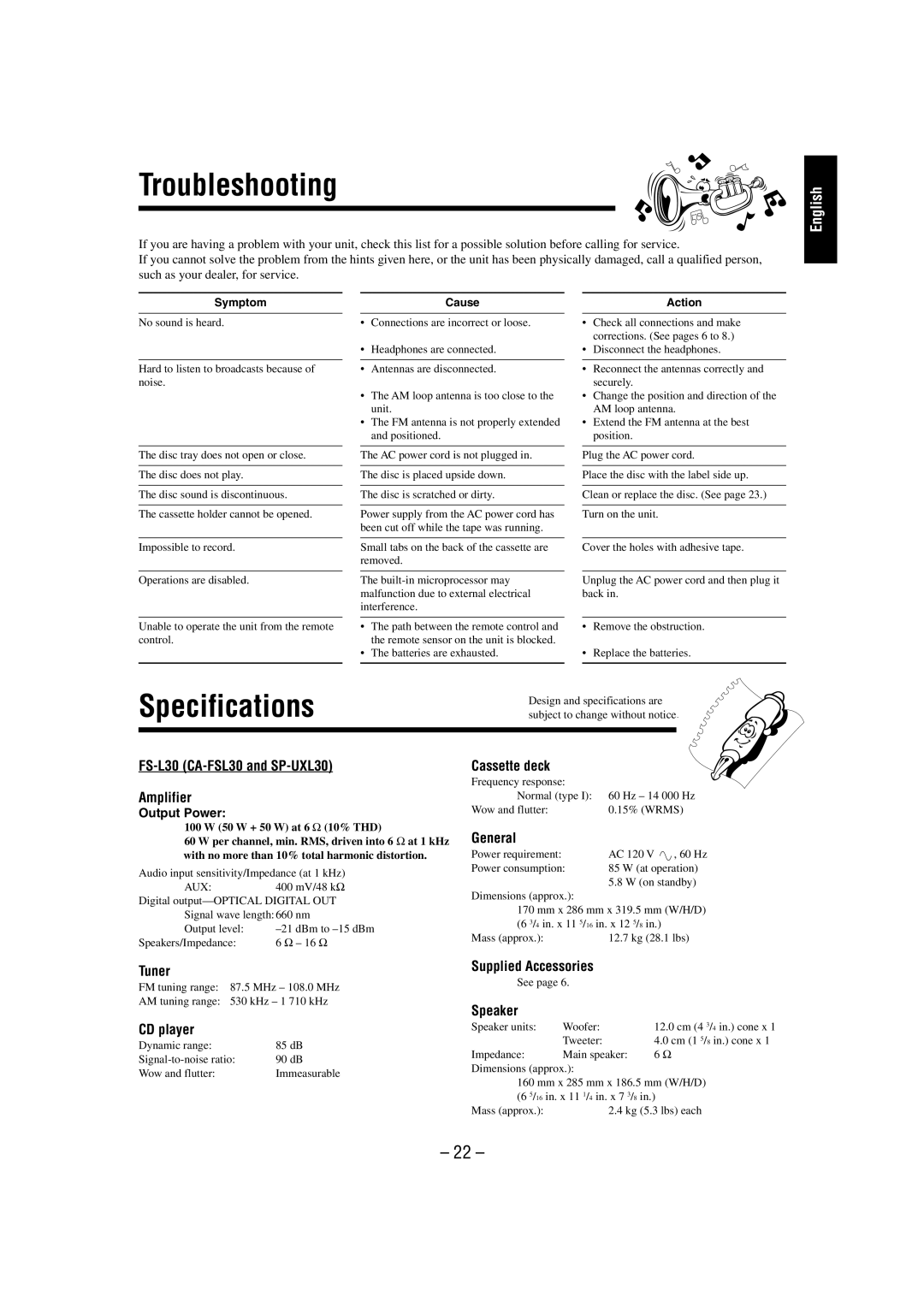 JVC FS-L30 manual Troubleshooting 