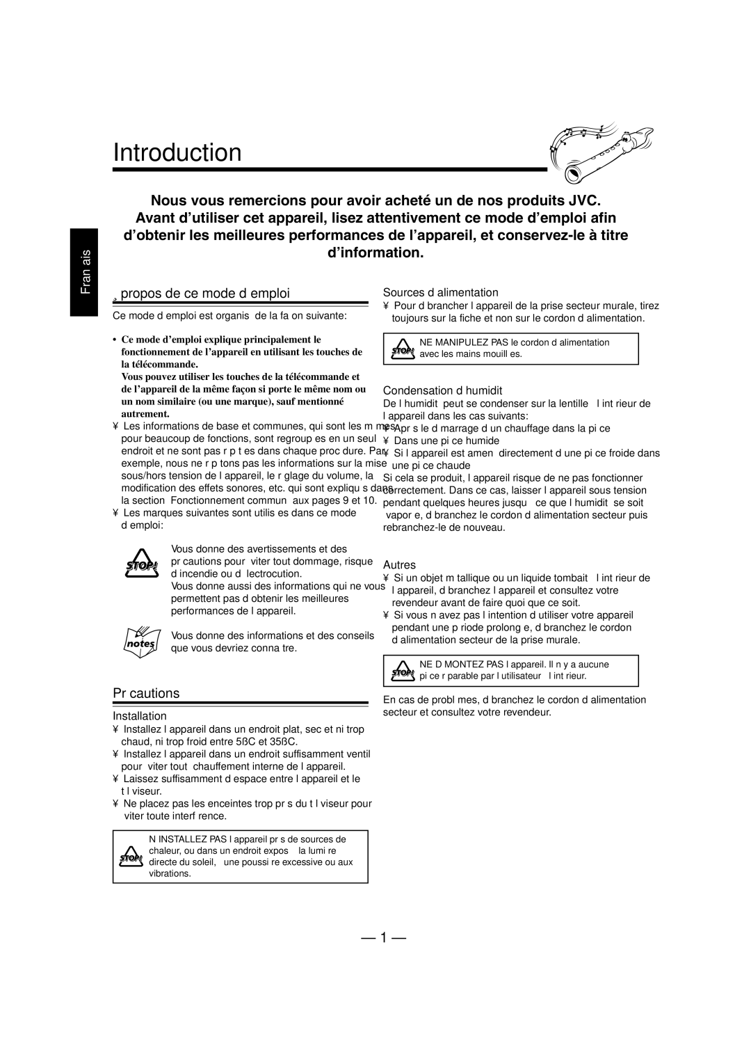 JVC FS-L30 manual Propos de ce mode d’emploi, Précautions, Sources d’alimentation, Condensation d’humidité, Autres 