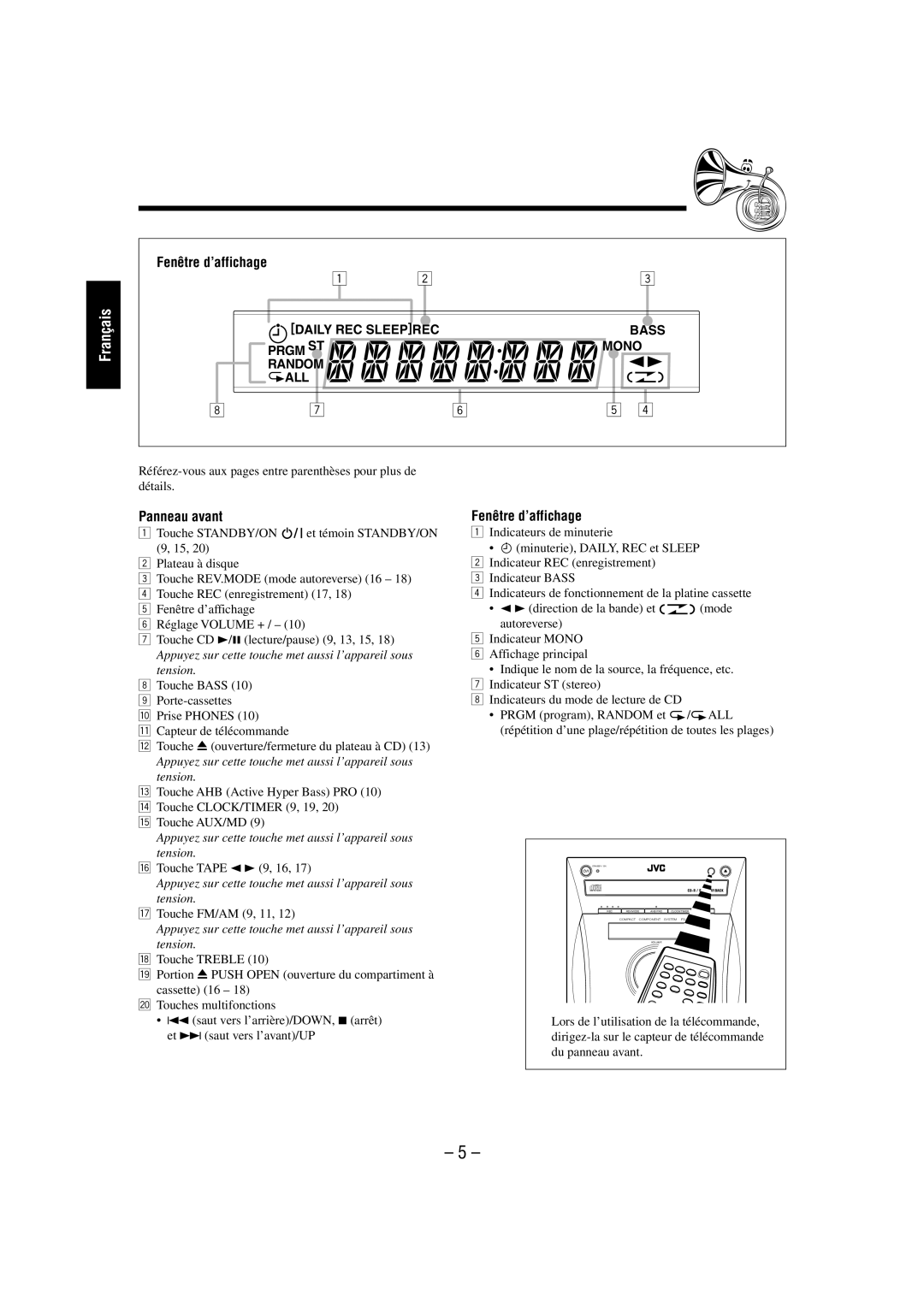 JVC FS-L30 manual Fenêtre d’affichage, Touche Tape 2 3 9, 16, Touche FM/AM 9, 11 