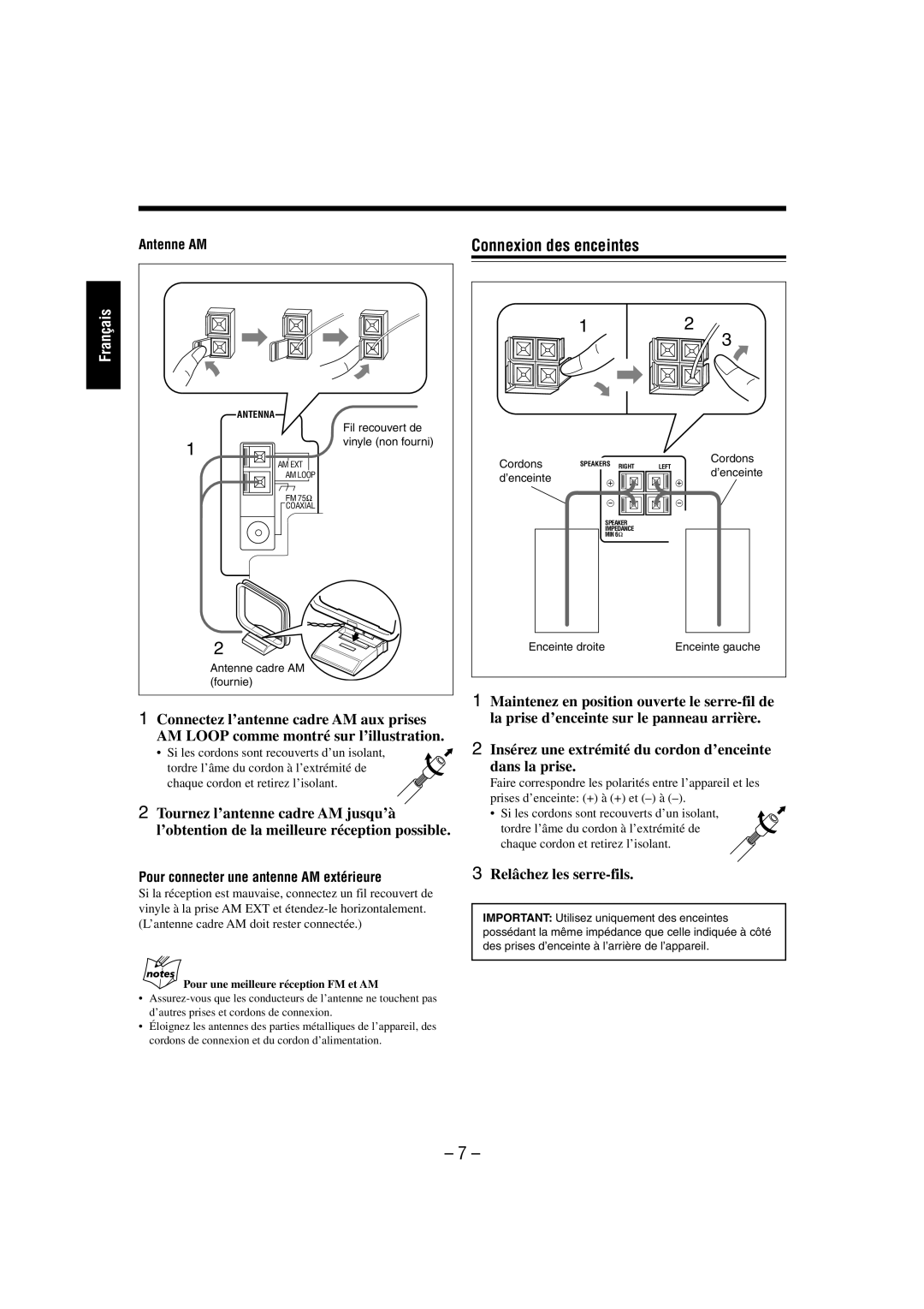 JVC FS-L30 manual Connexion des enceintes, Relâchez les serre-fils, Antenne AM, Pour connecter une antenne AM extérieure 