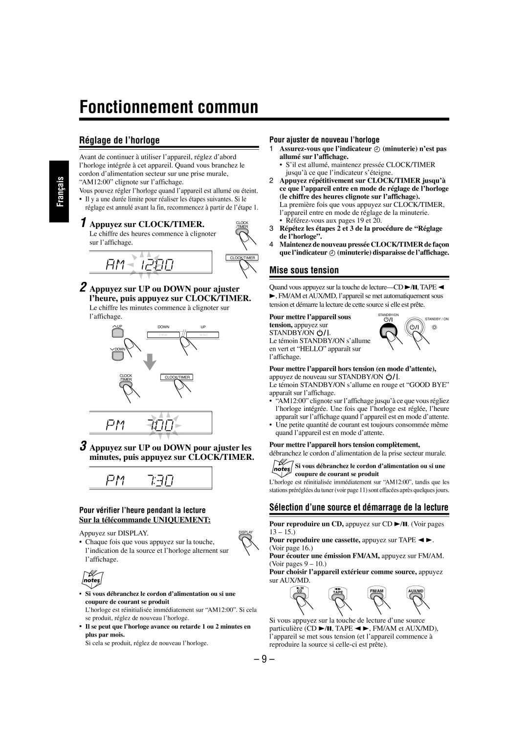 JVC FS-L30 manual Fonctionnement commun, Réglage de l’horloge, Mise sous tension, Appuyez sur CLOCK/TIMER 