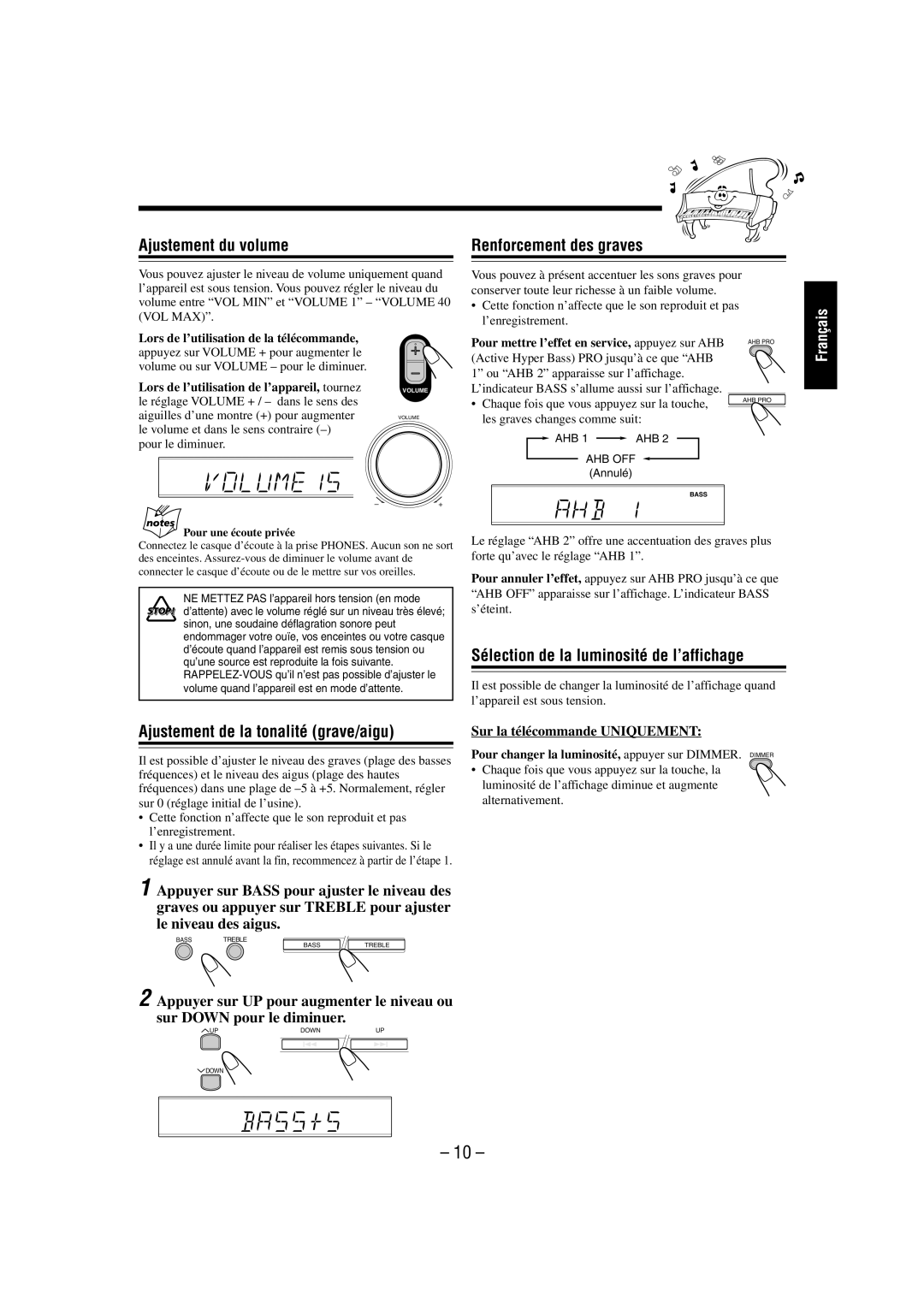 JVC FS-L30 manual Ajustement du volume, Renforcement des graves, Sélection de la luminosité de l’affichage 